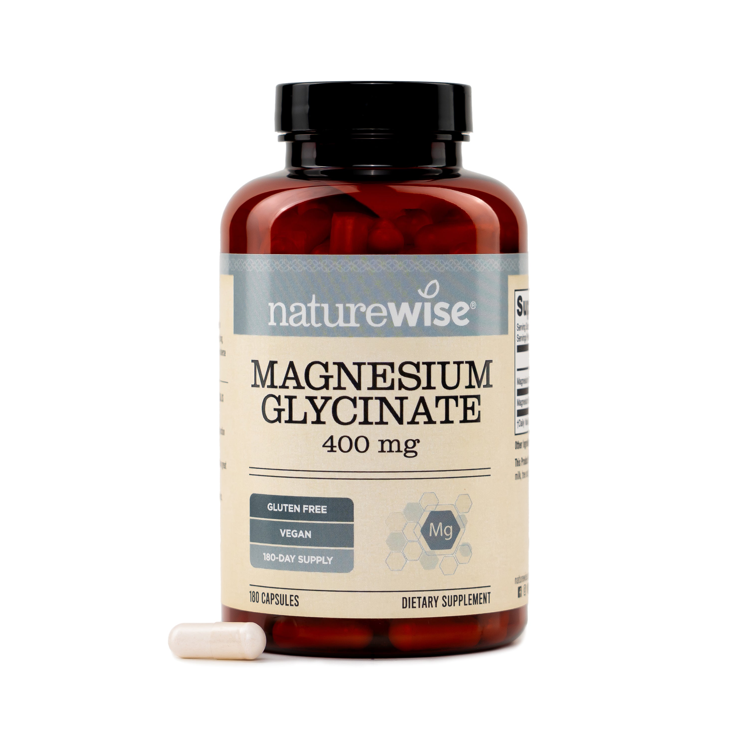Naturewise Magnesium Glycinate 400mg 180 count supplement bottle on a white background