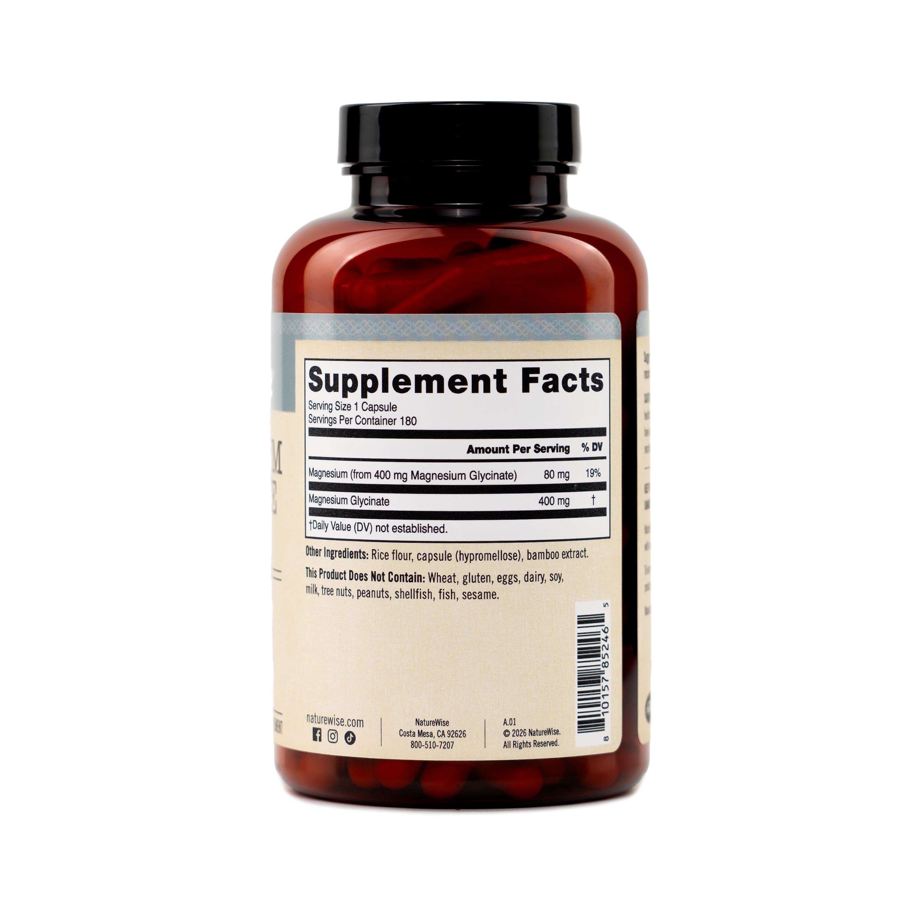 Naturewise Magnesium Glycinate 400mg 180 count supplement bottle on a white background with supplement fact panel