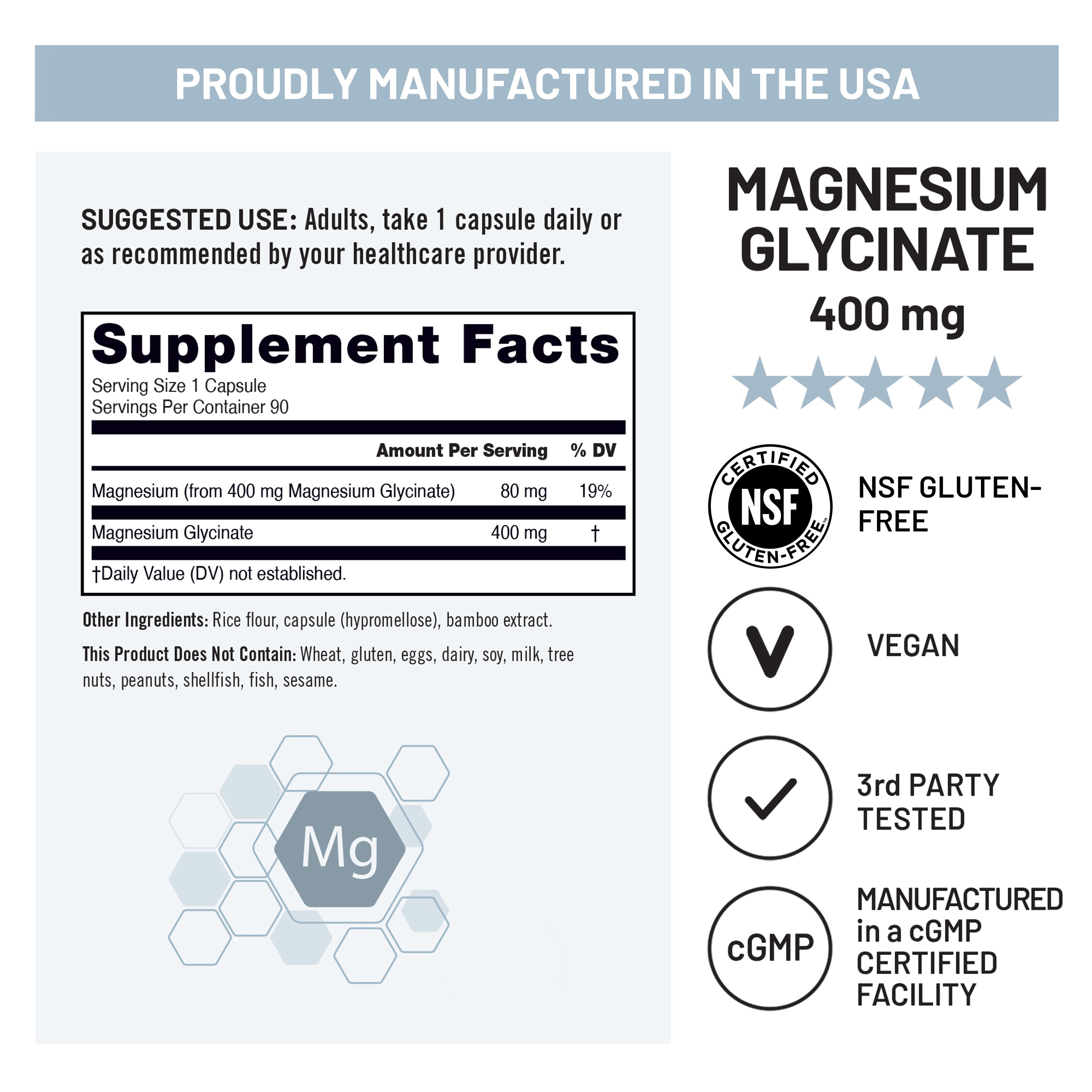 Supplement label for Magnesium Glycinate 400 mg with NSF certification and vegan, gluten-free, and cGMP details.