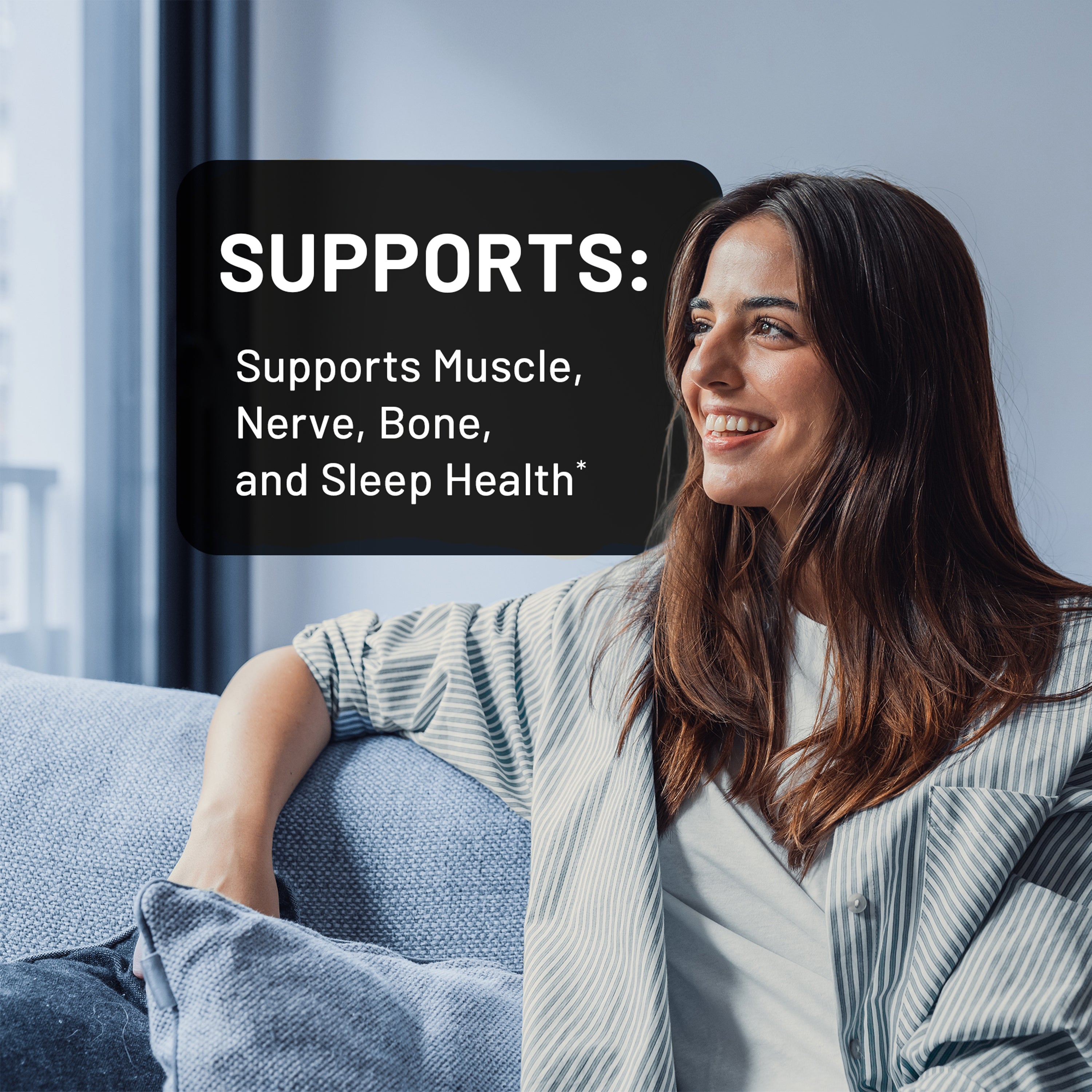 Woman sitting on a couch with text about Magnesium Glycinate health benefits displayed