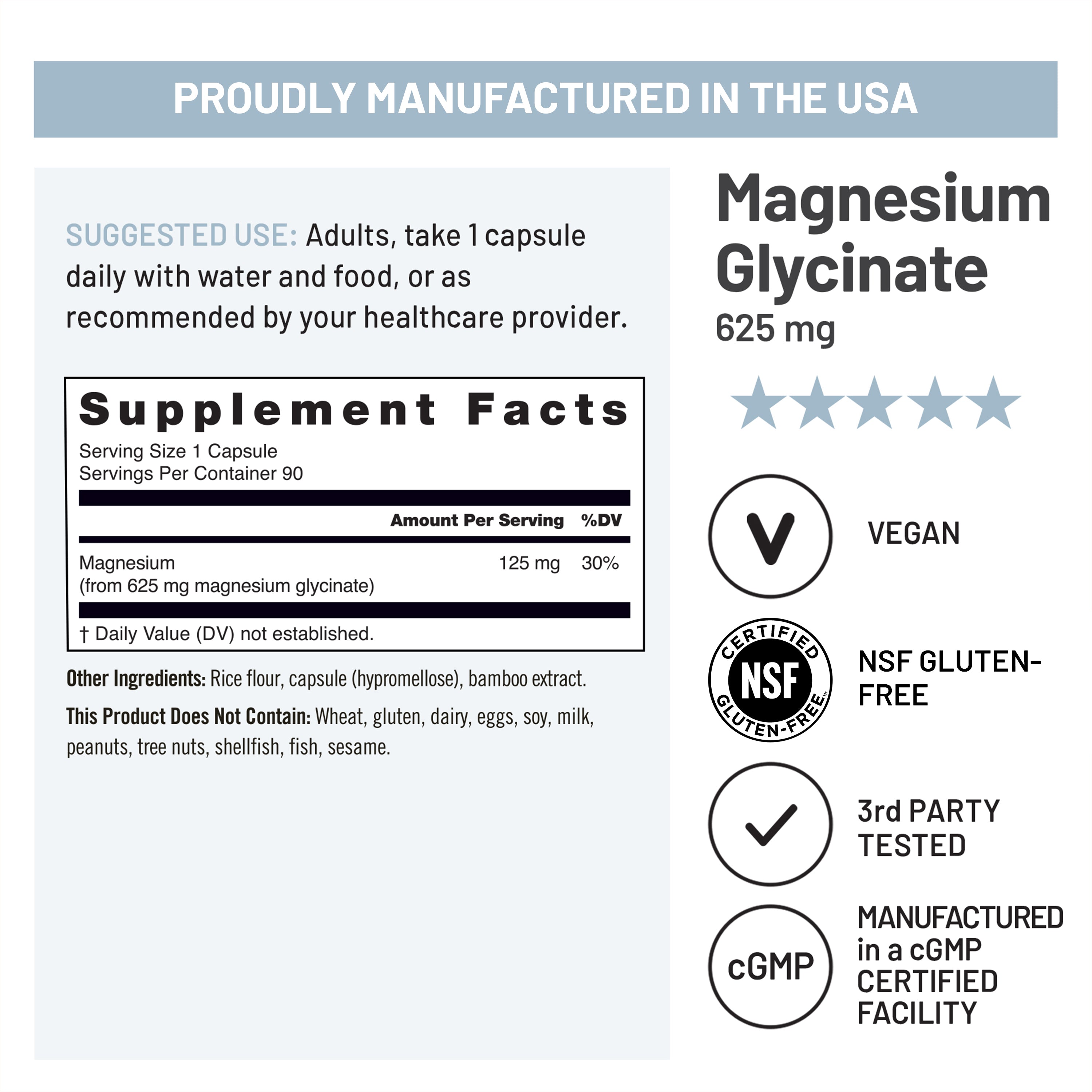 Supplement label for Magnesium Glycinate 625 mg with certification logos and manufacturing details.