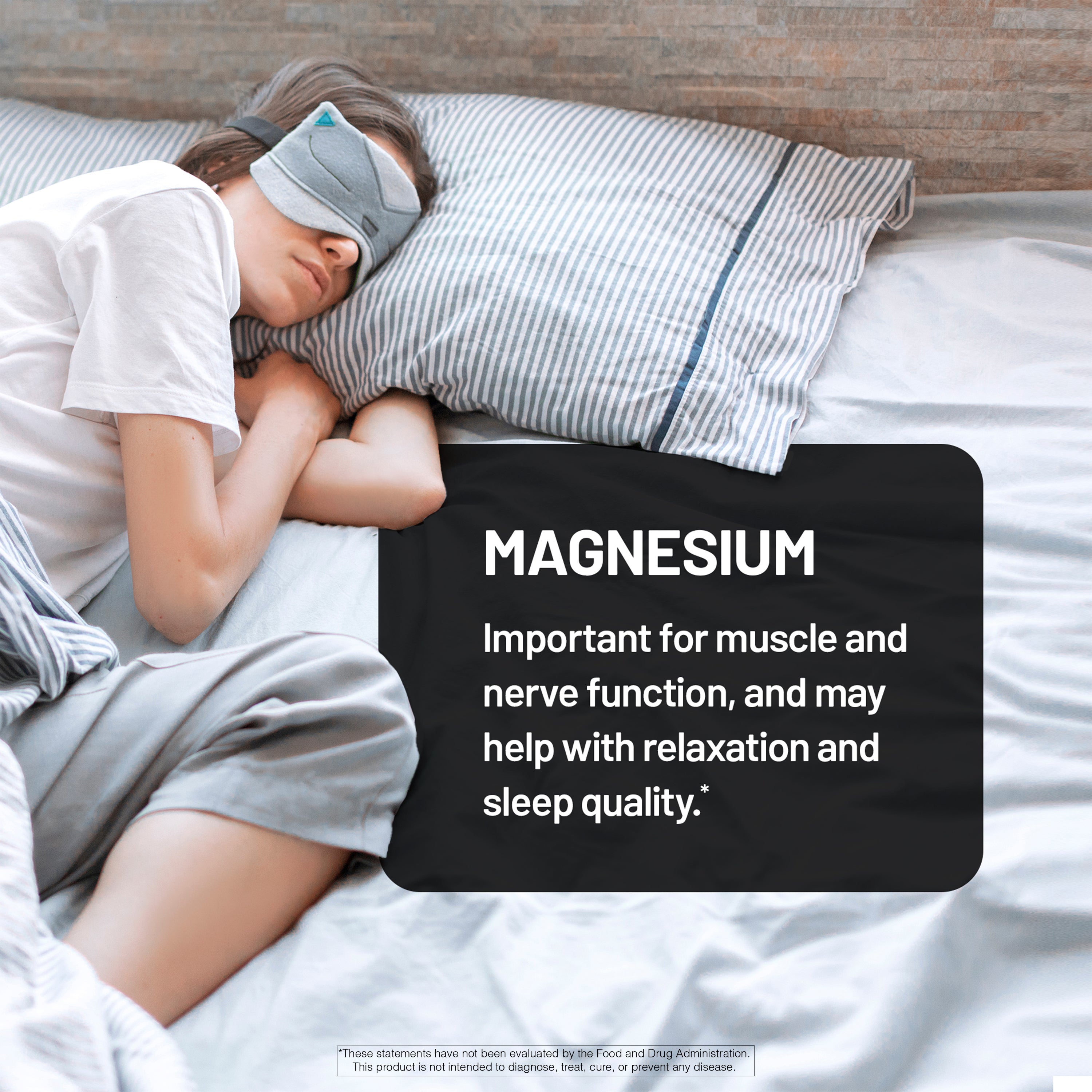 Person sleeping with a sleep mask on, text about magnesium benefits displayed.