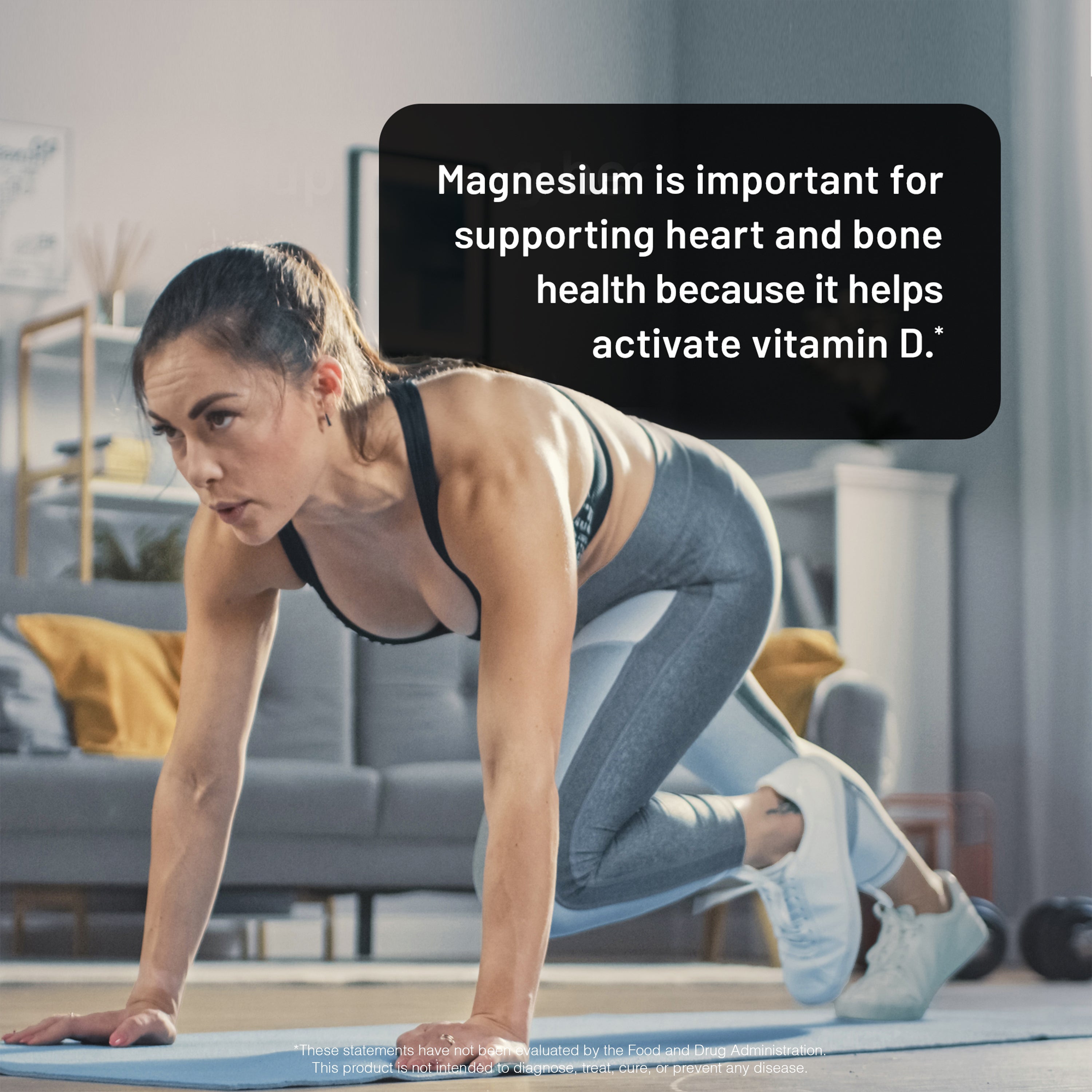 Woman in workout attire performing a plank exercise in a living room with text about health benefits of magnesium and its effects on Vitamin D.