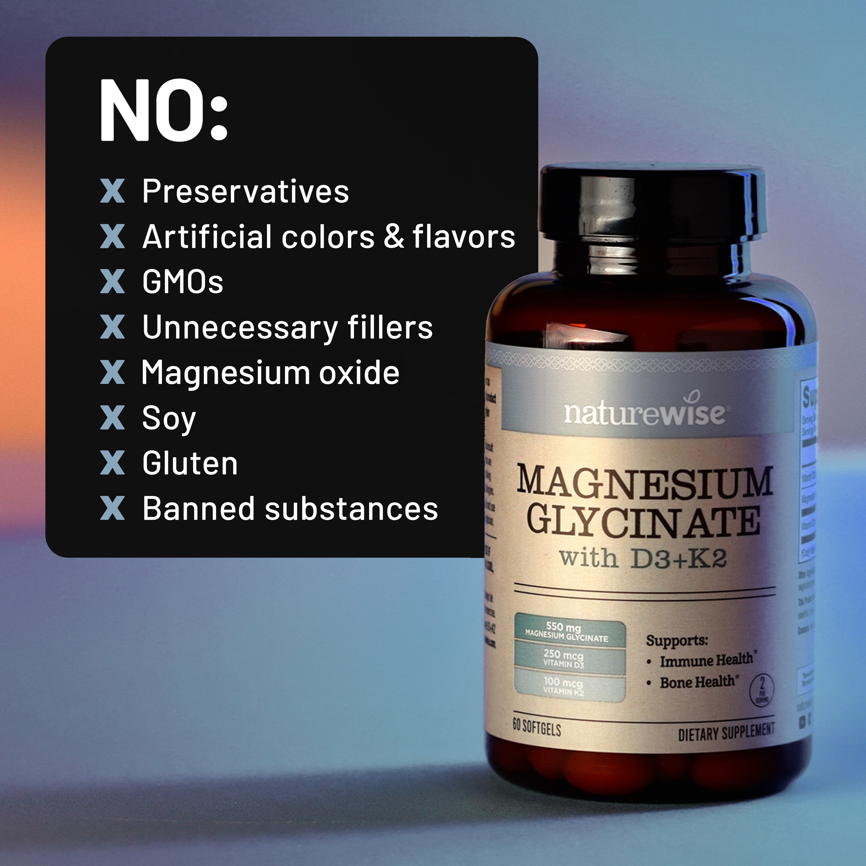 Naturewise magnesium glycinate D3 K2 supplement bottle with a list of no ingredients on a gradient background