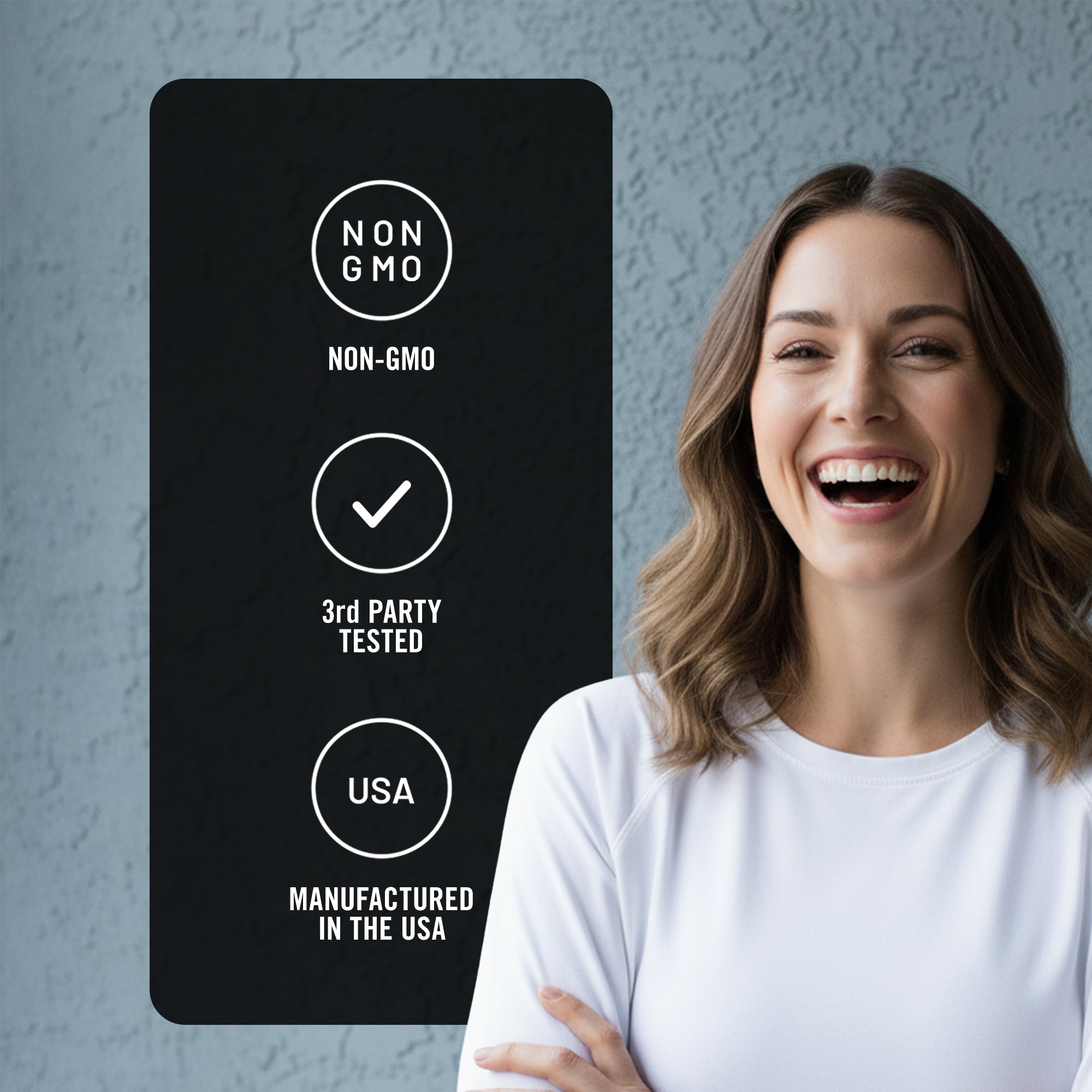 Woman standing next to a certification label on a gray background