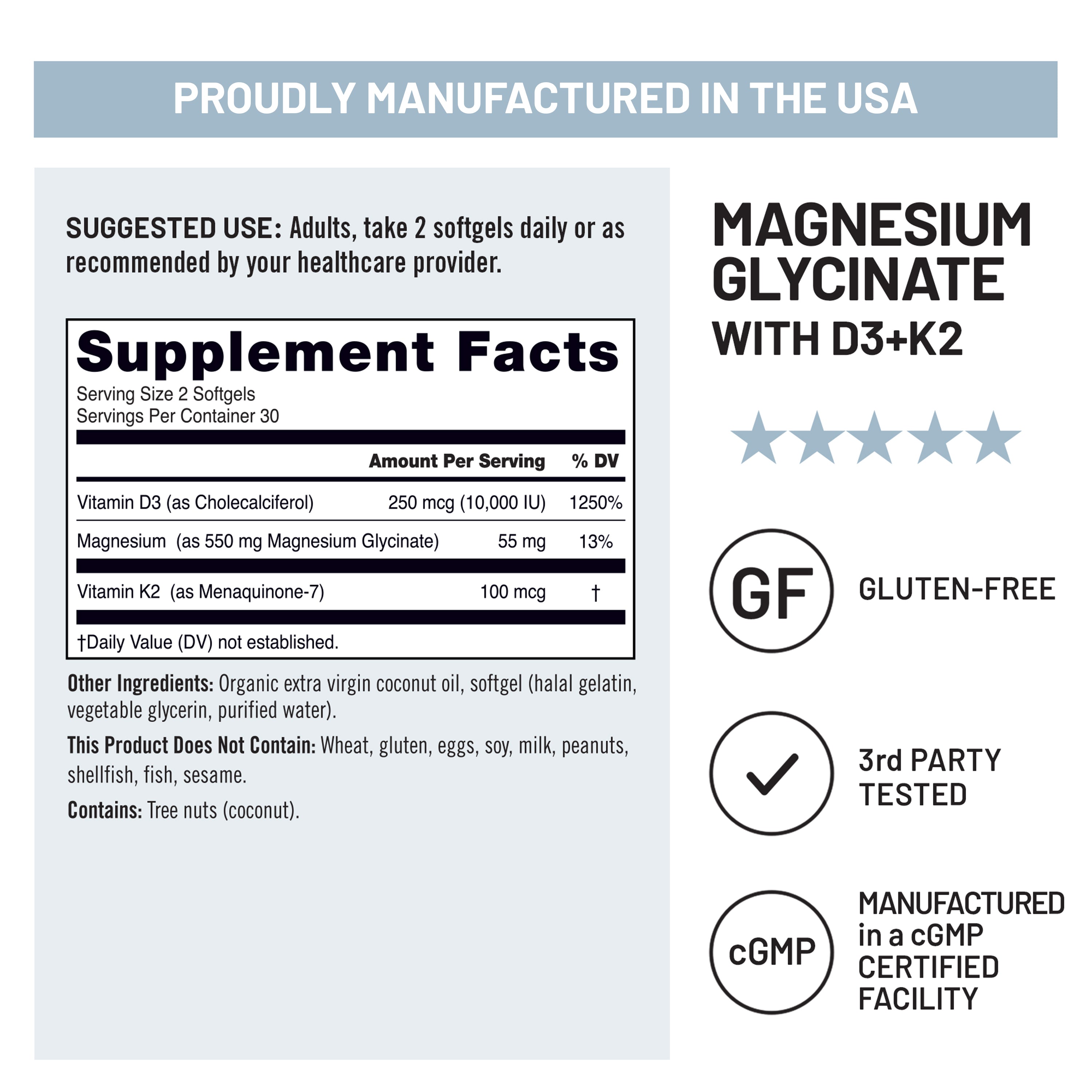 Supplement label for magnesium glycinate with D3+K2, highlighting manufacturing details and supplement facts.