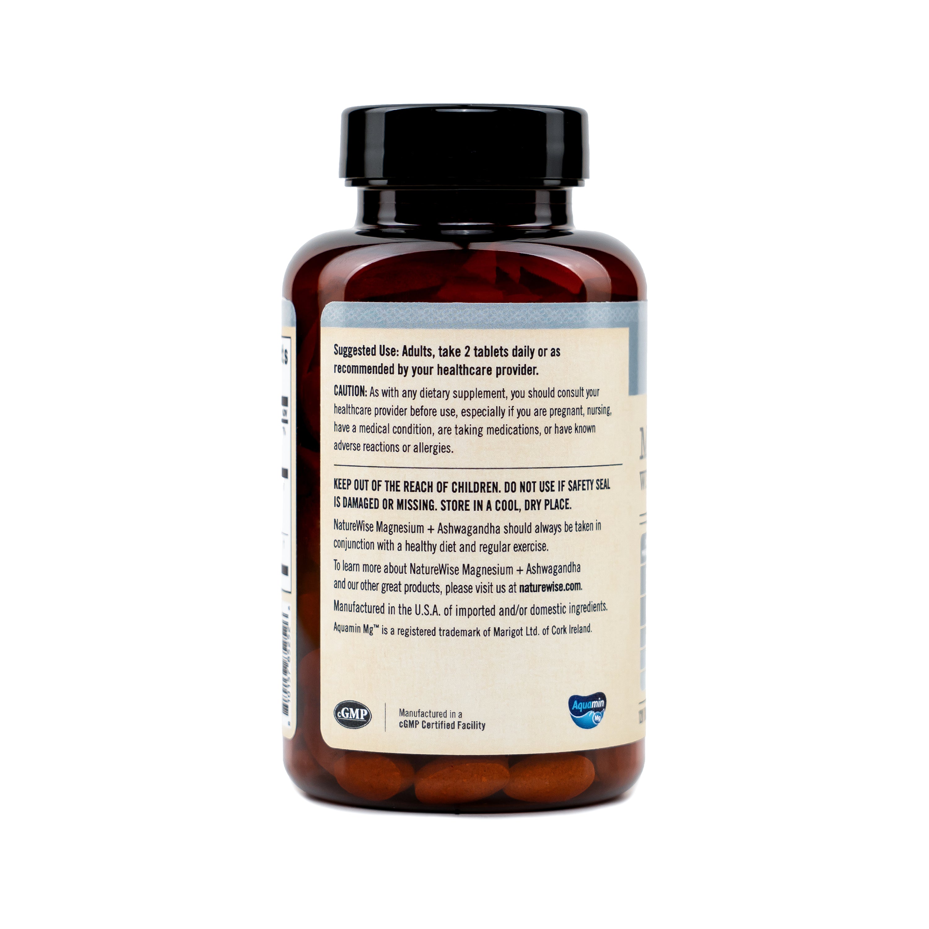 NatureWise Magnesium with Ashwagandha supplement bottle with suggested use label on a white background