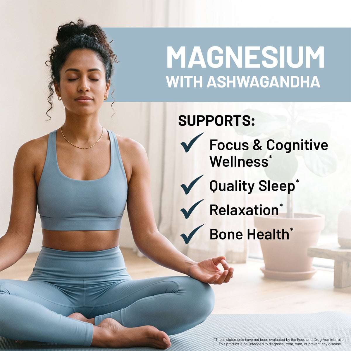 A woman in a light blue yoga outfit sits in a meditative pose on a yoga mat in a bright room. Large text reads 'MAGNESIUM WITH ASHWAGANDHA' and lists benefits including focus, cognitive wellness, sleep, relaxation, and bone health.