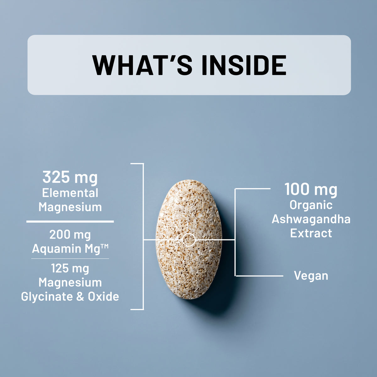 An informational product graphic showing a NatureWise Magnesium Tablet with Ashwagandha on a soft blue background with the heading 'WHAT'S INSIDE.' Text lists ingredients: 325 mg elemental magnesium, 200 mg aquamin Mg, 125 mg magnesium glycinate & oxide, 100 mg organic ashwagandha extract, and vegan.