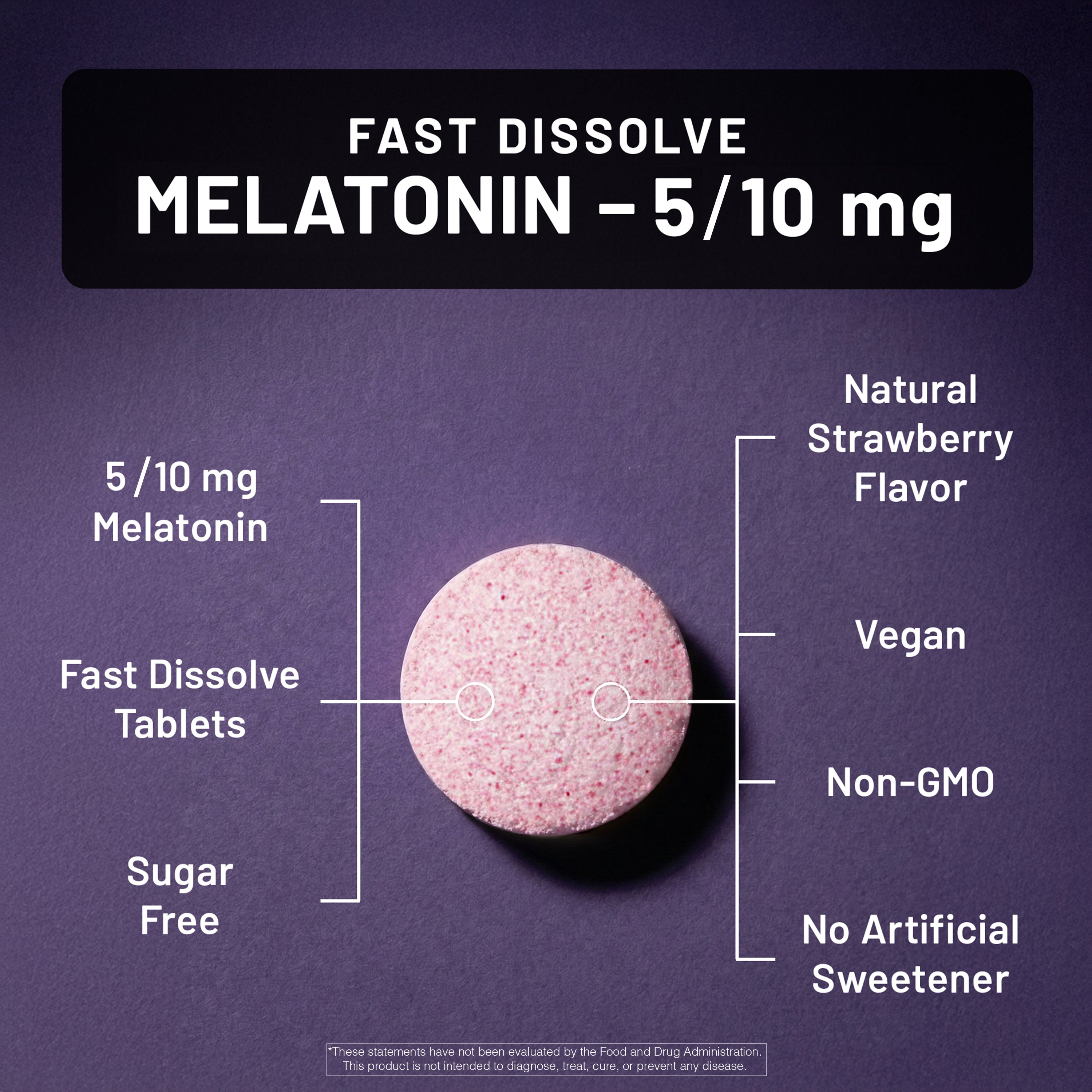 Fast-dissolve melatonin supplement tablet with melatonin 10mg and melatonin 5mg product details on a purple background