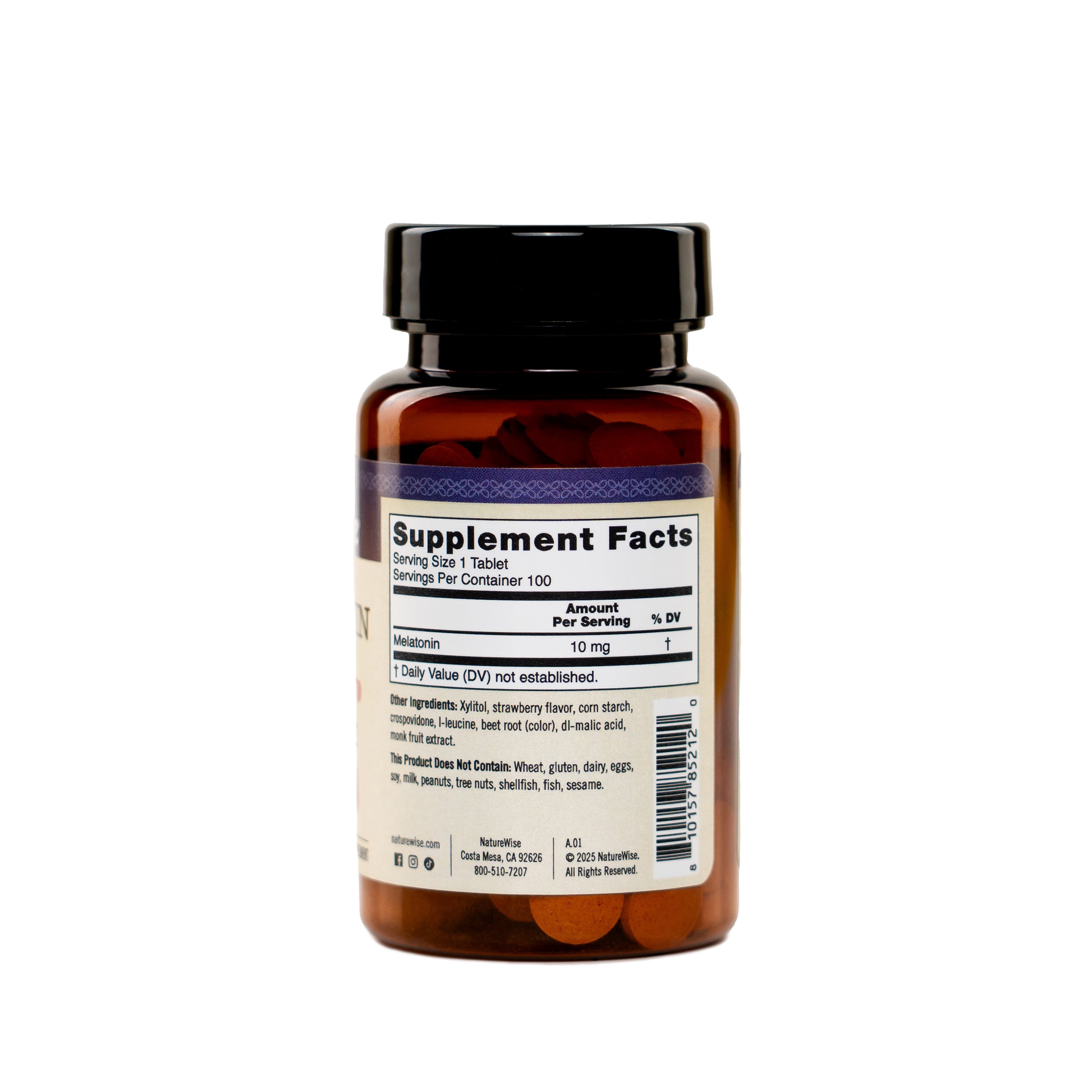 Melatonin 10mg supplement bottle showing supplement facts label. 