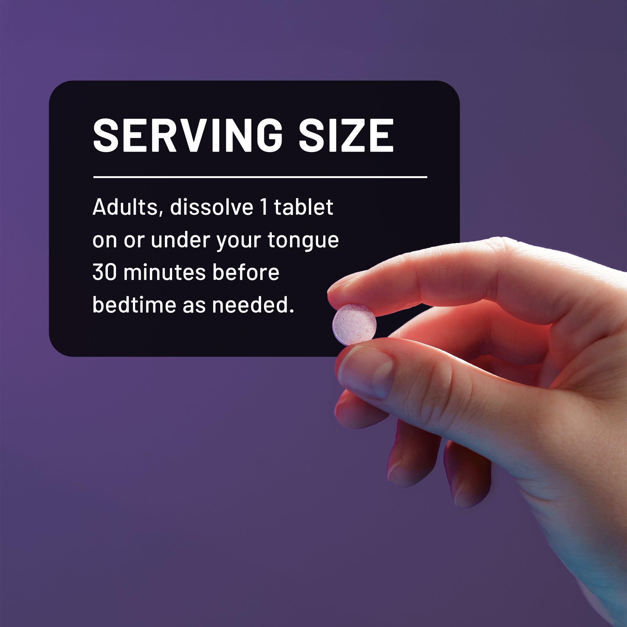 Hand holding a pill with serving size instructions on a purple background