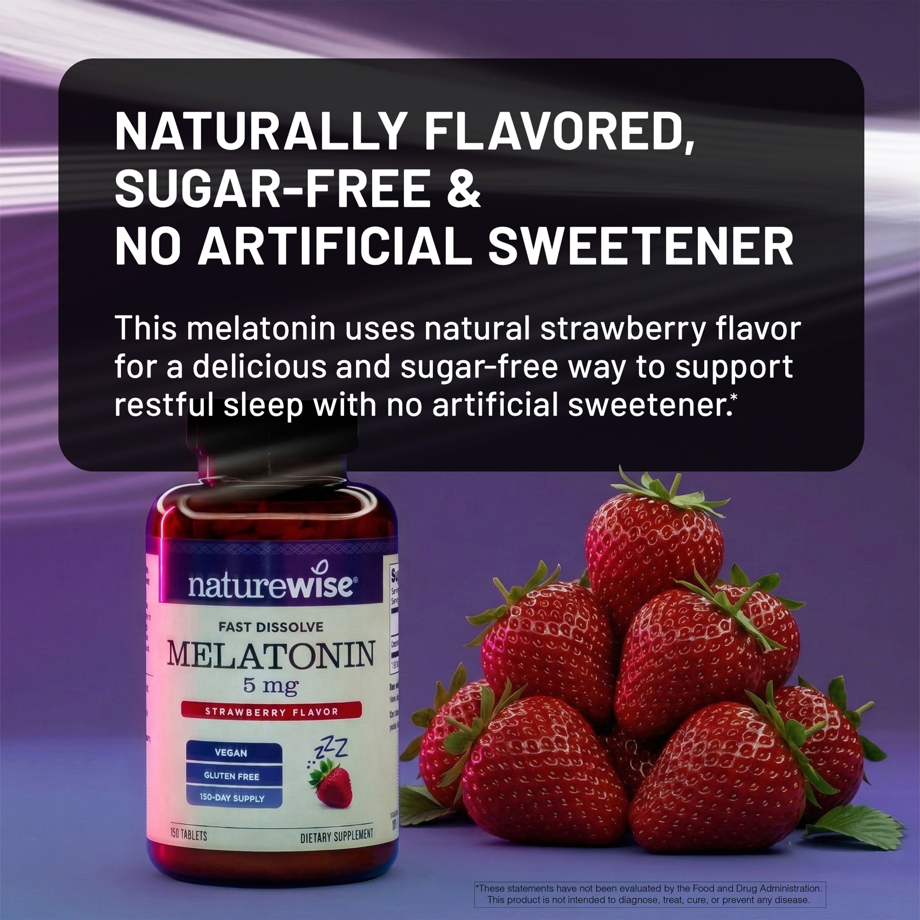 Naturewise melatonin supplement bottle with strawberries on a purple background