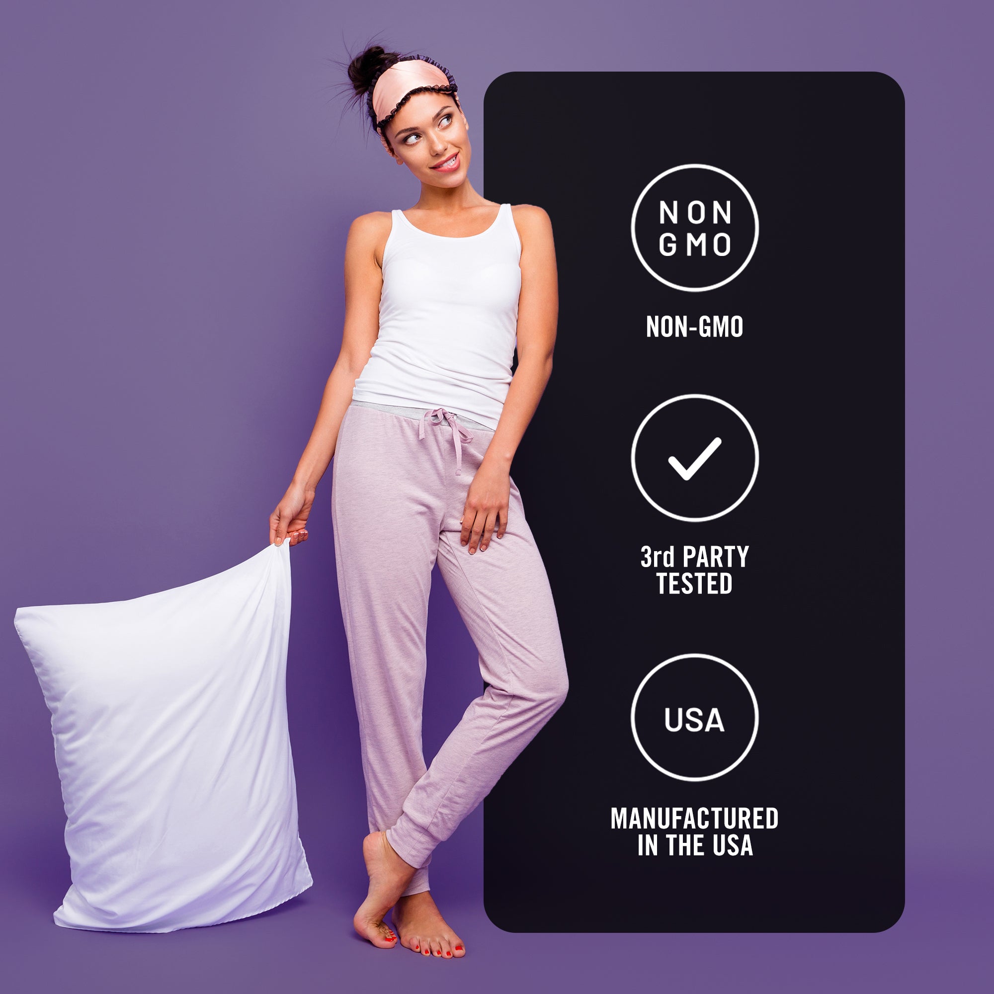 Woman holding a pillow with certification labels on a purple background