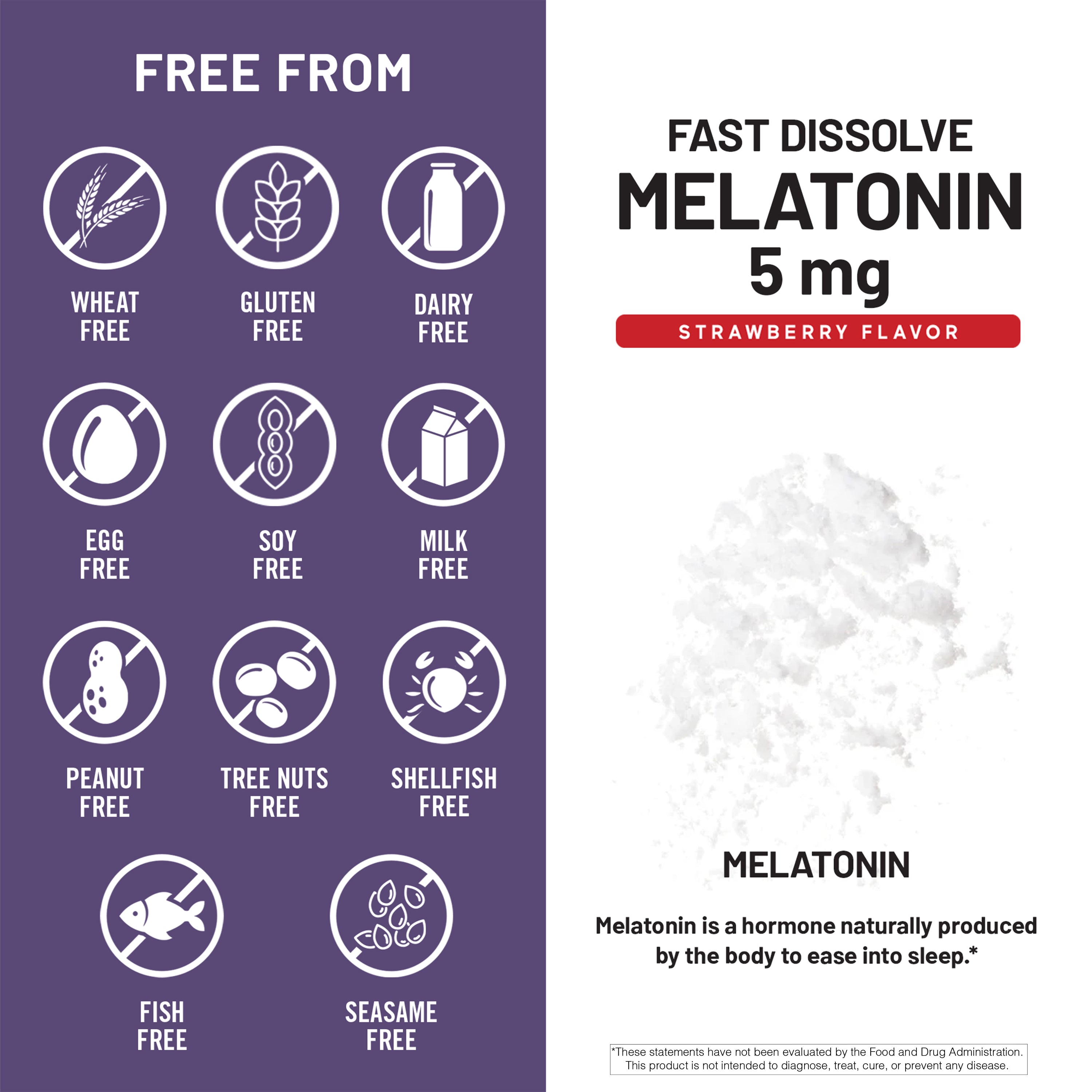 Melatonin supplement packaging with free-from labels and product details on a white background.
