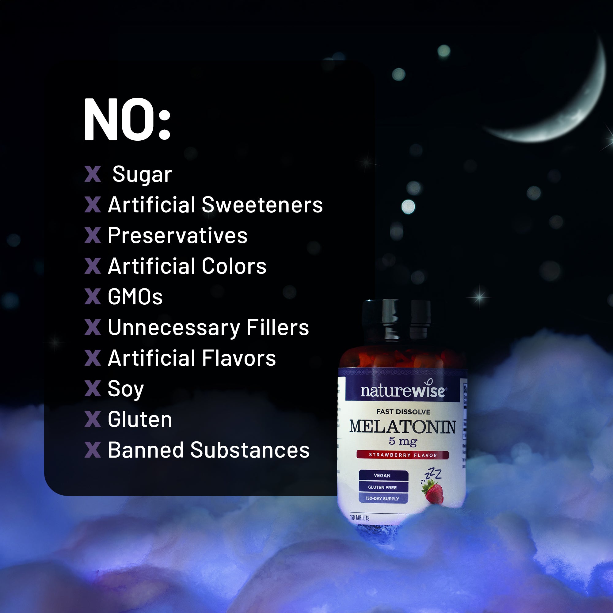 Naturewise melatonin supplement bottle with a list of 'No' items on a night sky background