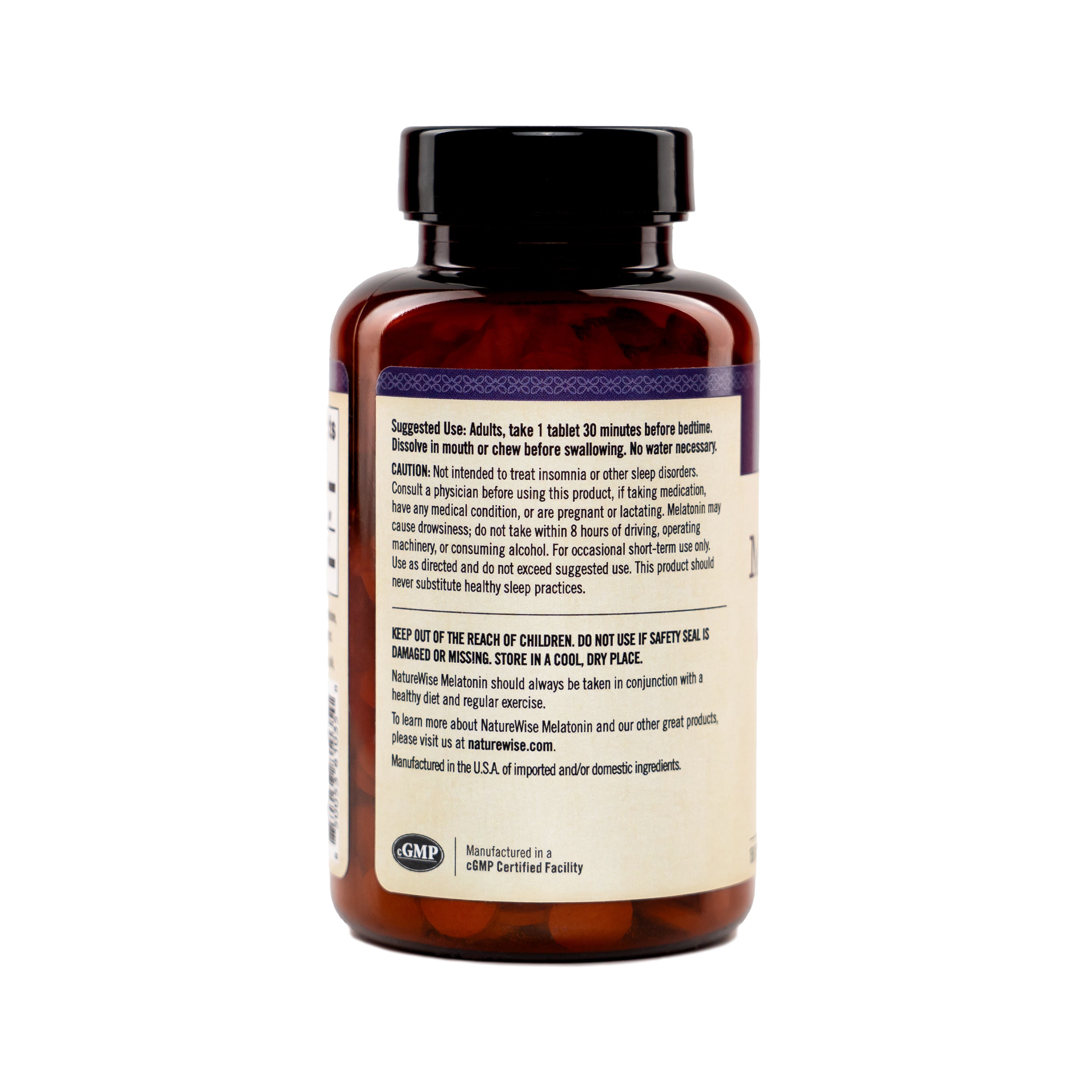 Melatonin supplement bottle with label showing suggested use on a white background