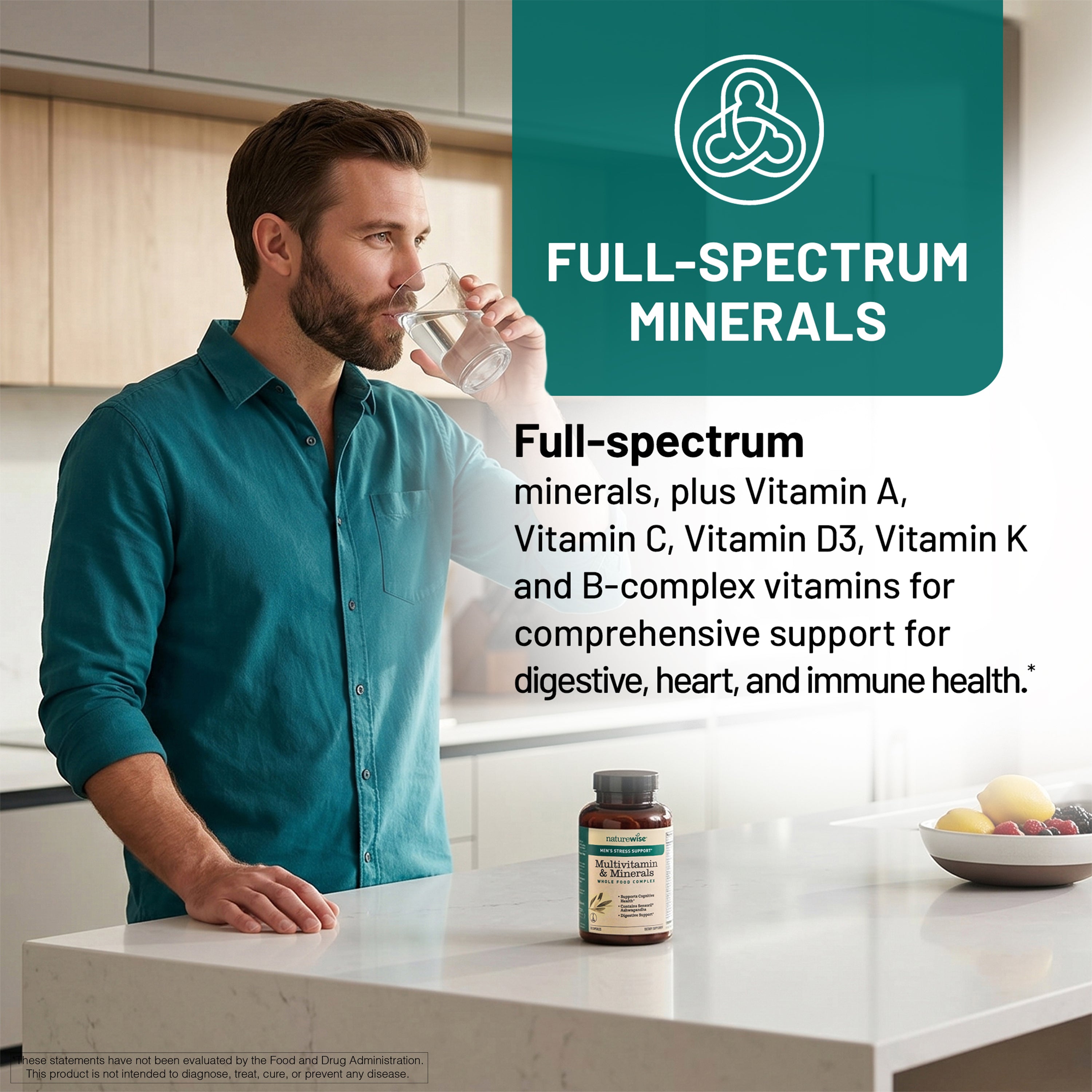 Man drinking water in a kitchen with a NatureWise Multivitamins and minerals supplement bottle labeled 'Full-Spectrum Minerals'.