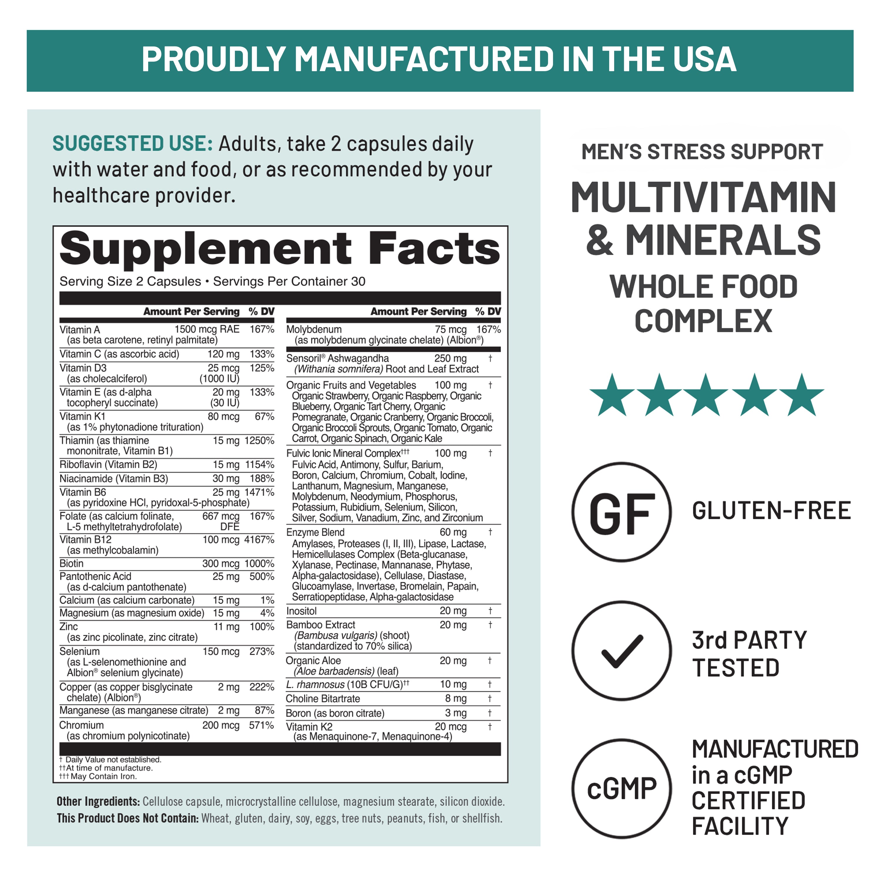 NatureWise Men's Stress Support  supplement fact label with usage instructions, and certification logos.
