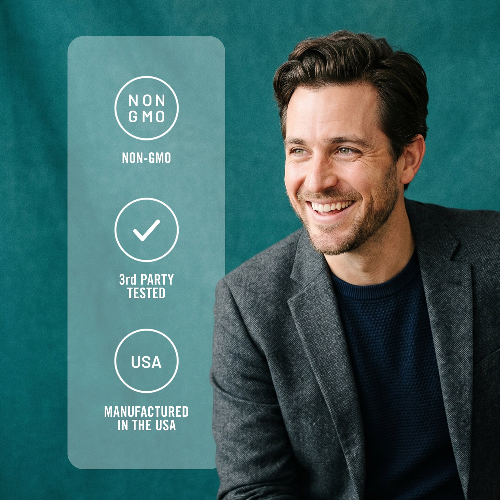 Man smiling with a certification label on a teal background