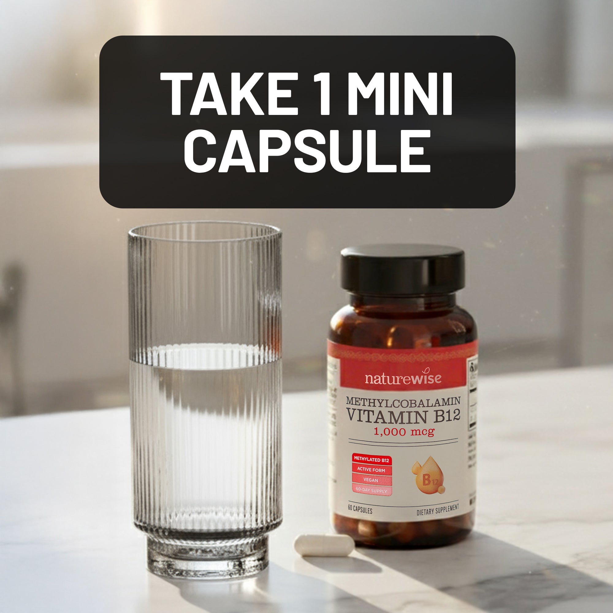 Naturewise methylcobalamin supplement bottle with a glass of water and a capsule on a table.