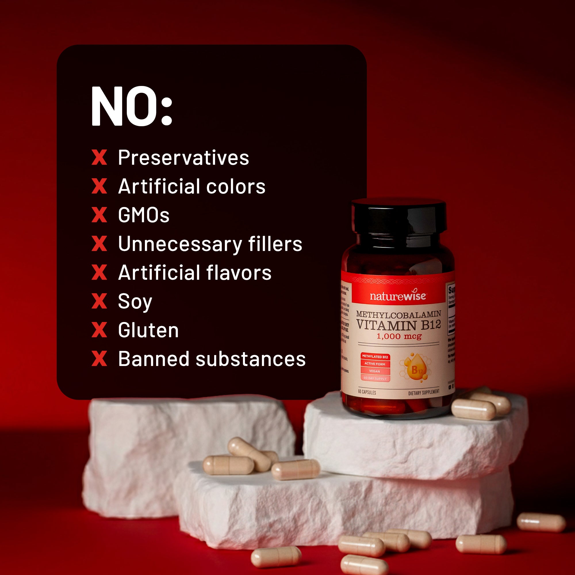 Naturewise vitamin bottle with a list of no ingredients on a red background