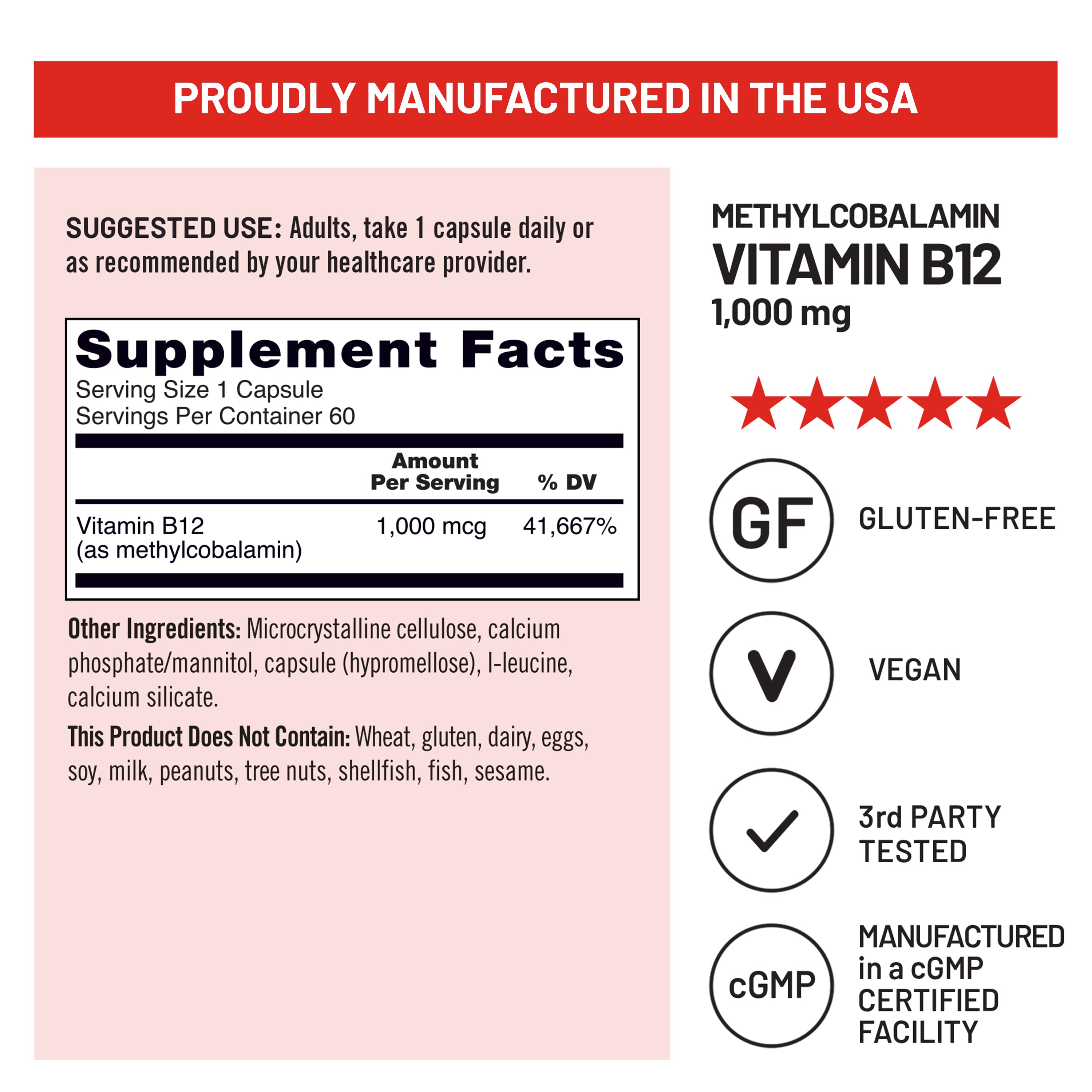 Vitamin B12 methylcobalamin supplement label with supplement facts, ingredients, and certification logos on a pink background.