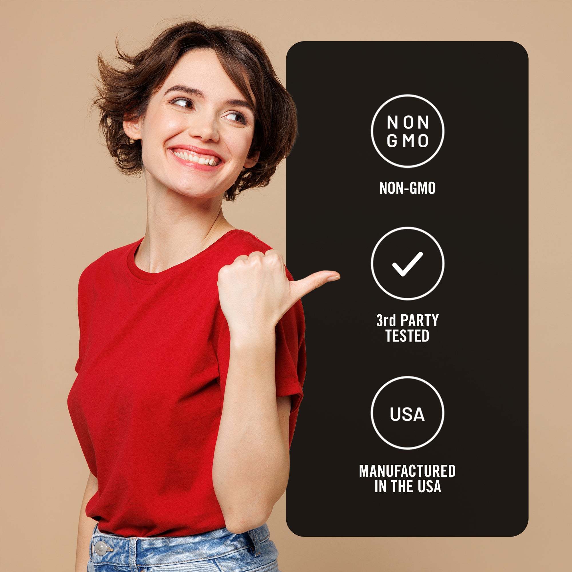 Woman in red shirt pointing to a black sign with certification labels on a beige background