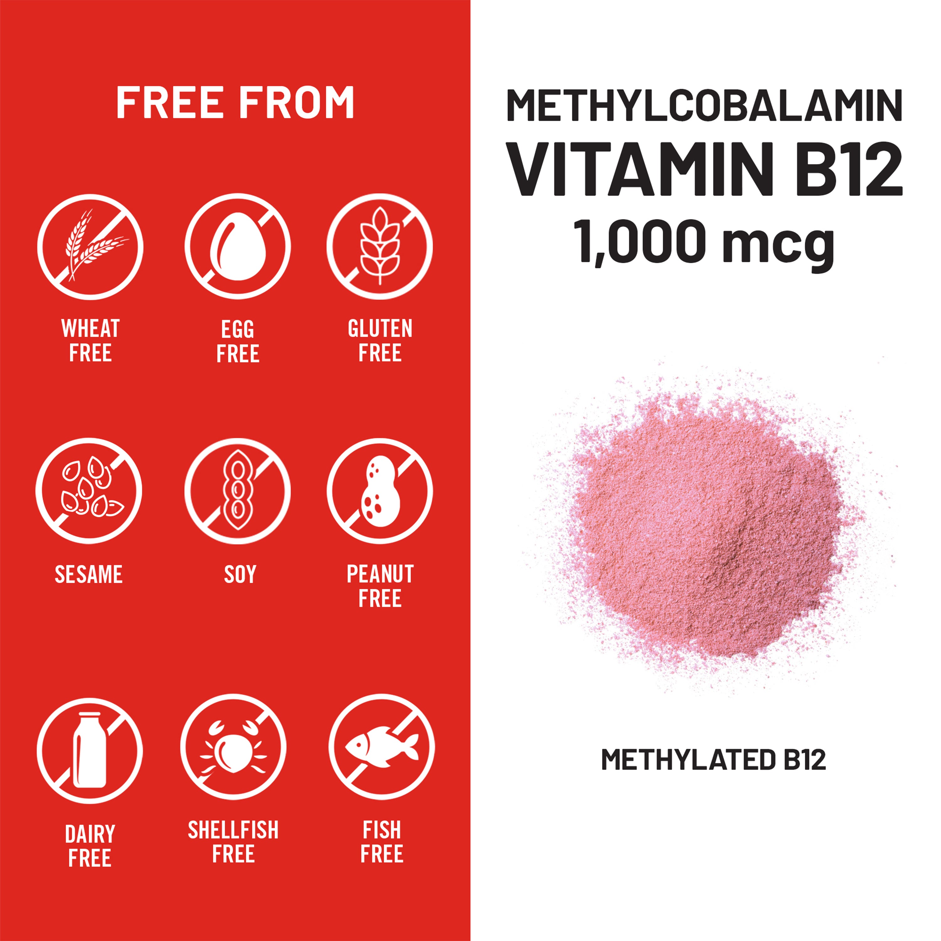 Vitamin B12 supplement packaging with free-from icons and product details on a red and white background.