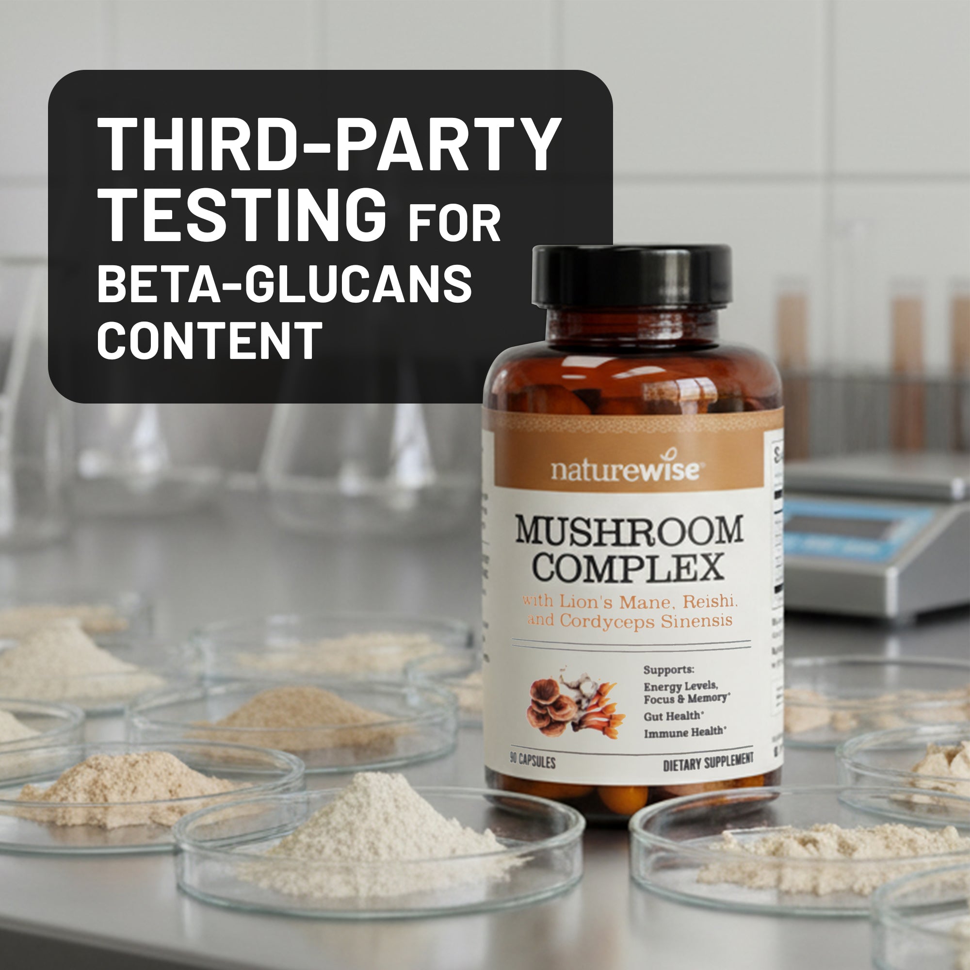 Naturewise Mushroom Complex supplement bottle with third-party testing for beta-glucans content text.