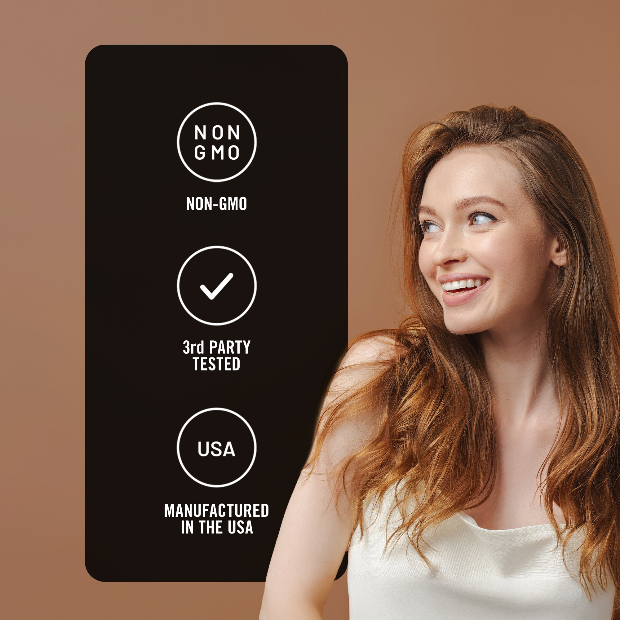 Woman next to a certification label on a brown background