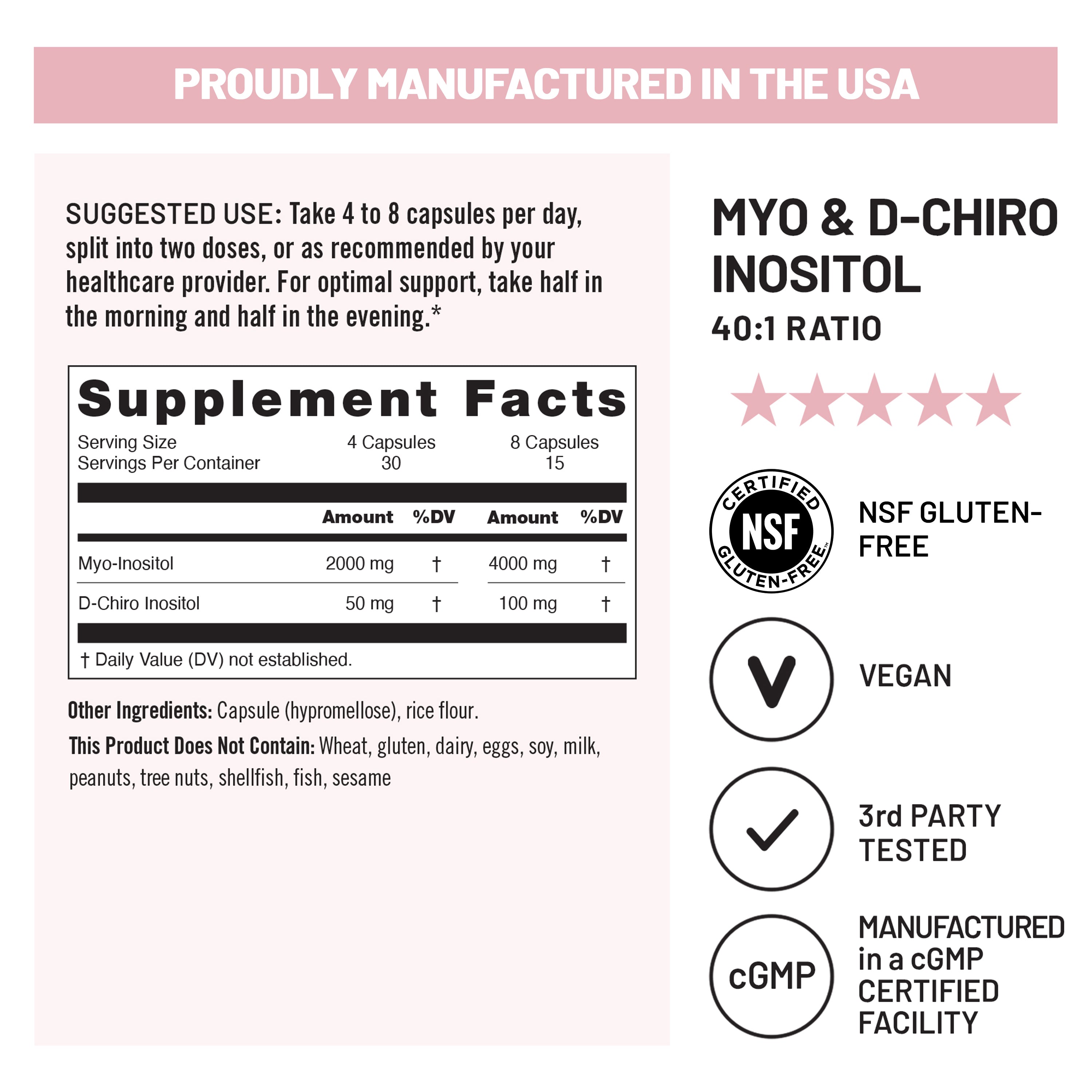 Myo inositol and d chiro inositol supplement label with facts and manufacturing details on a white background