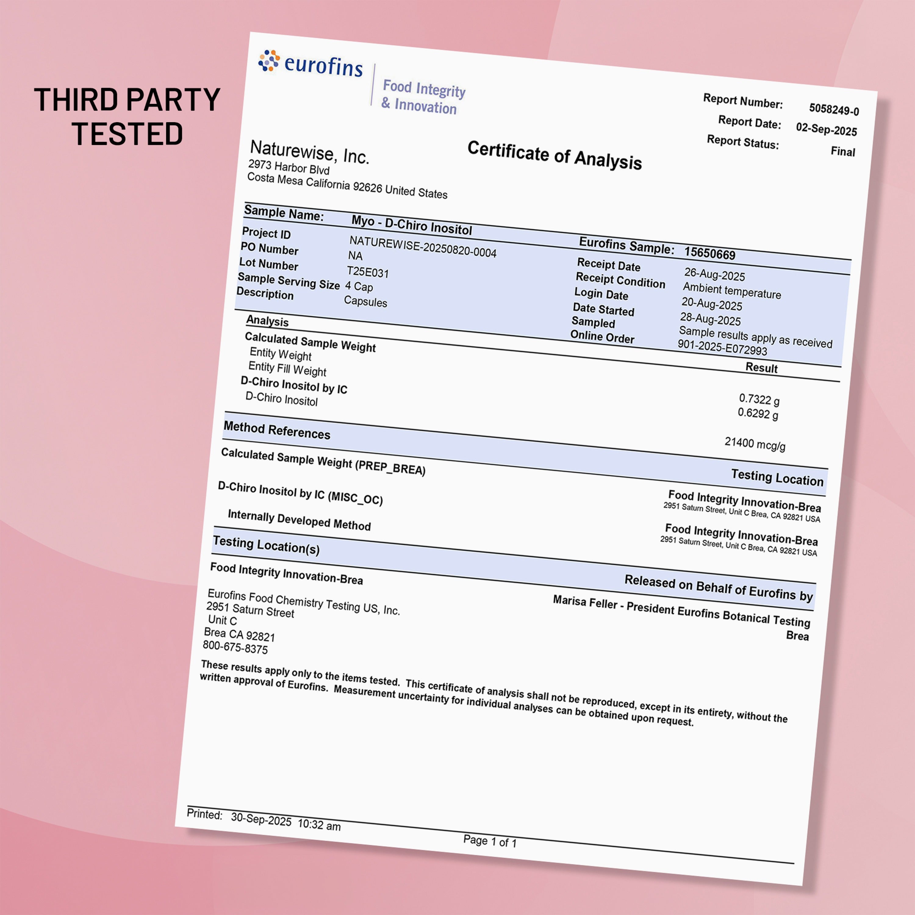 Certificate of Analysis from Eurofins on a pink background for Myo inositol supplement.