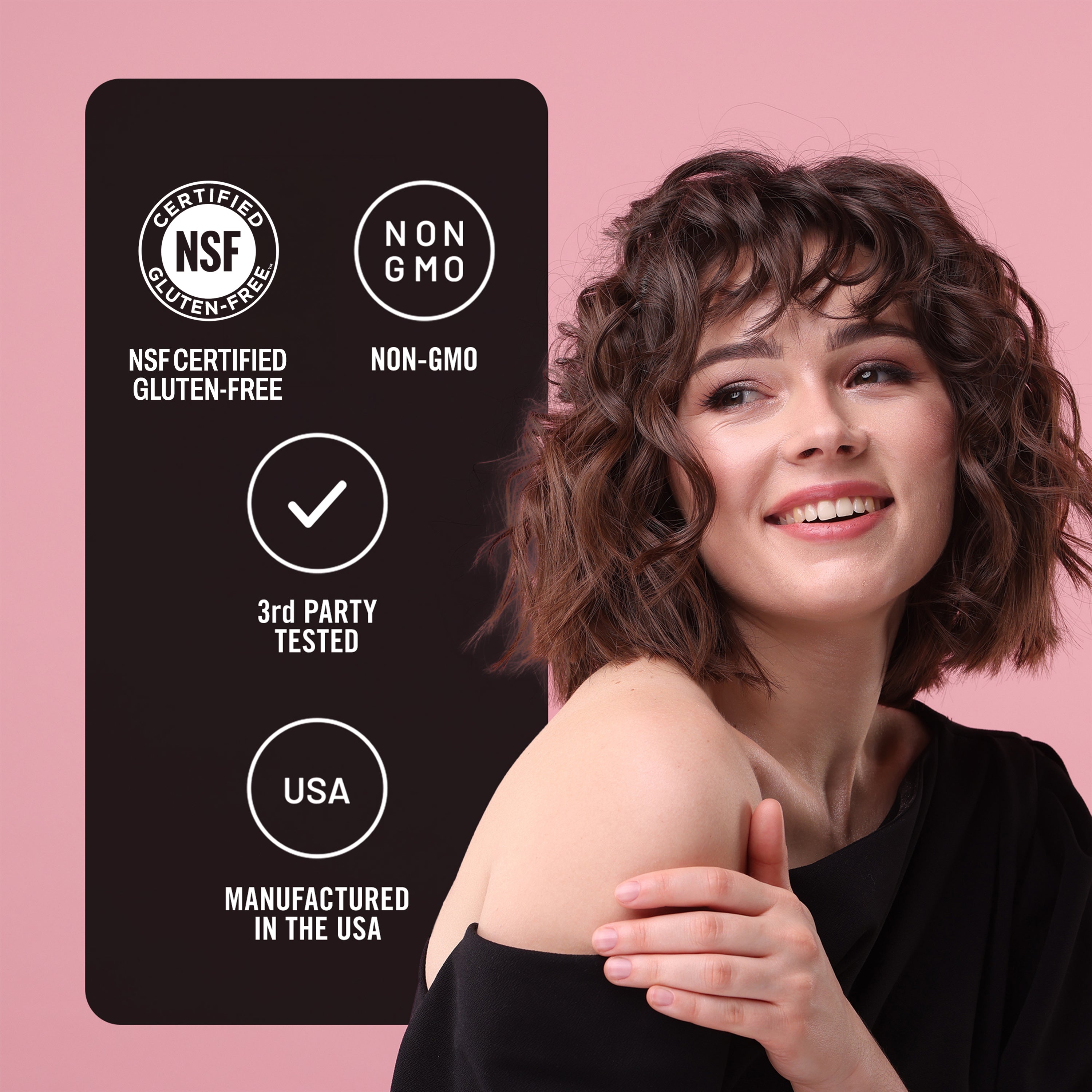 Woman with a black card displaying nsf certified myo inositol & d chiro inositol certification icons on a pink background