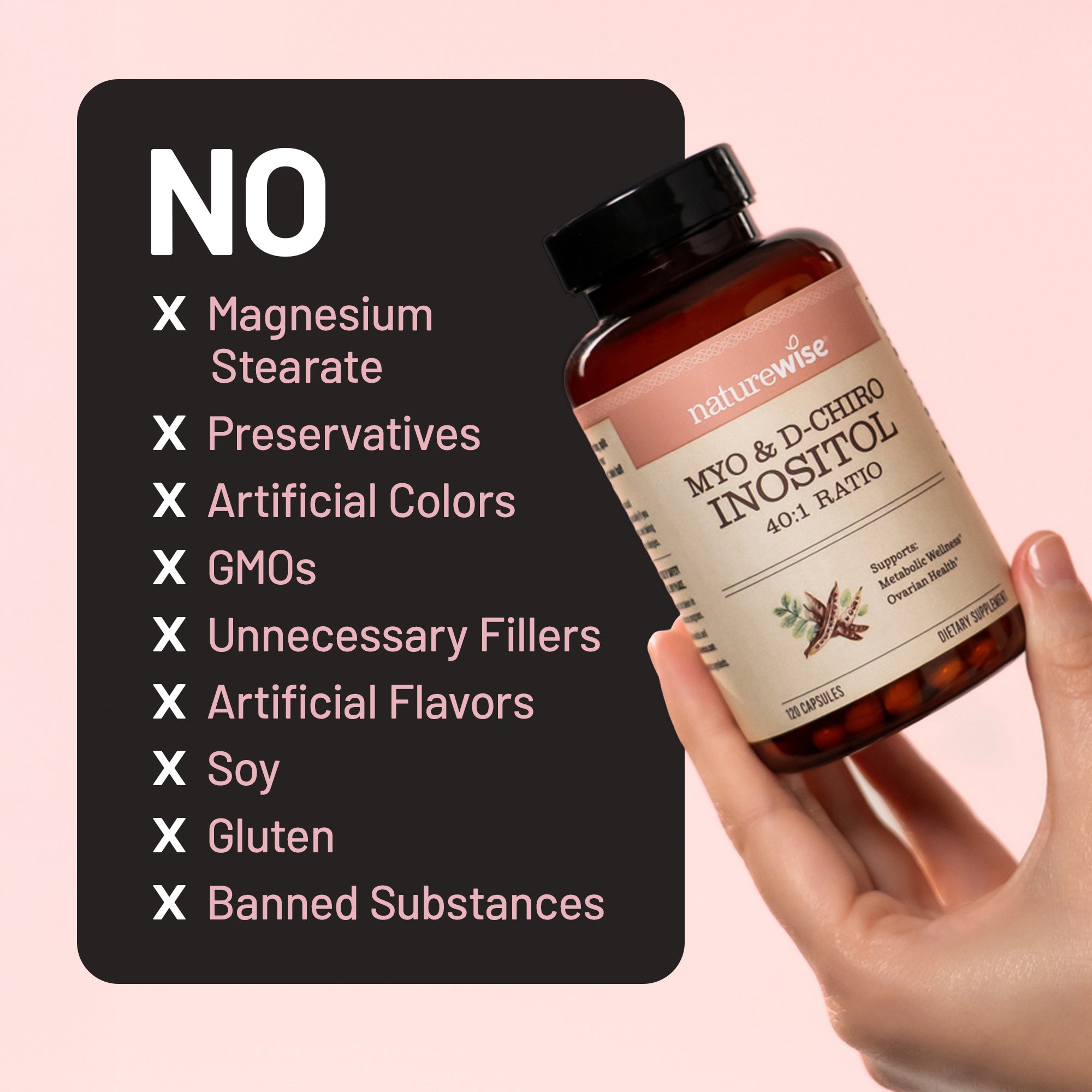 Hand holding a bottle of Naturewise Myo & D-Chiro Inositol with a list of ingredients on a pink background