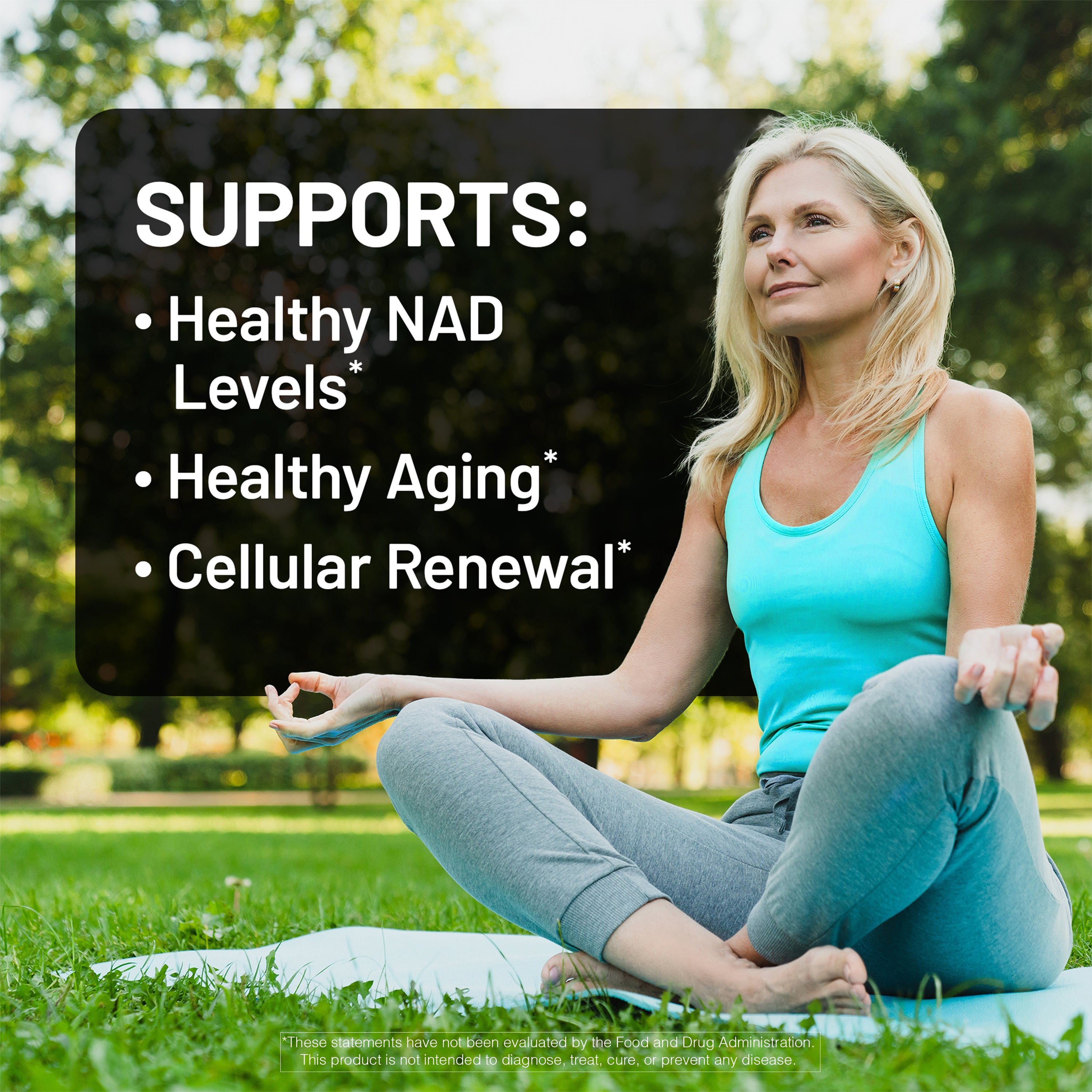 Woman meditating outdoors with text about health benefits on a black box overlay.