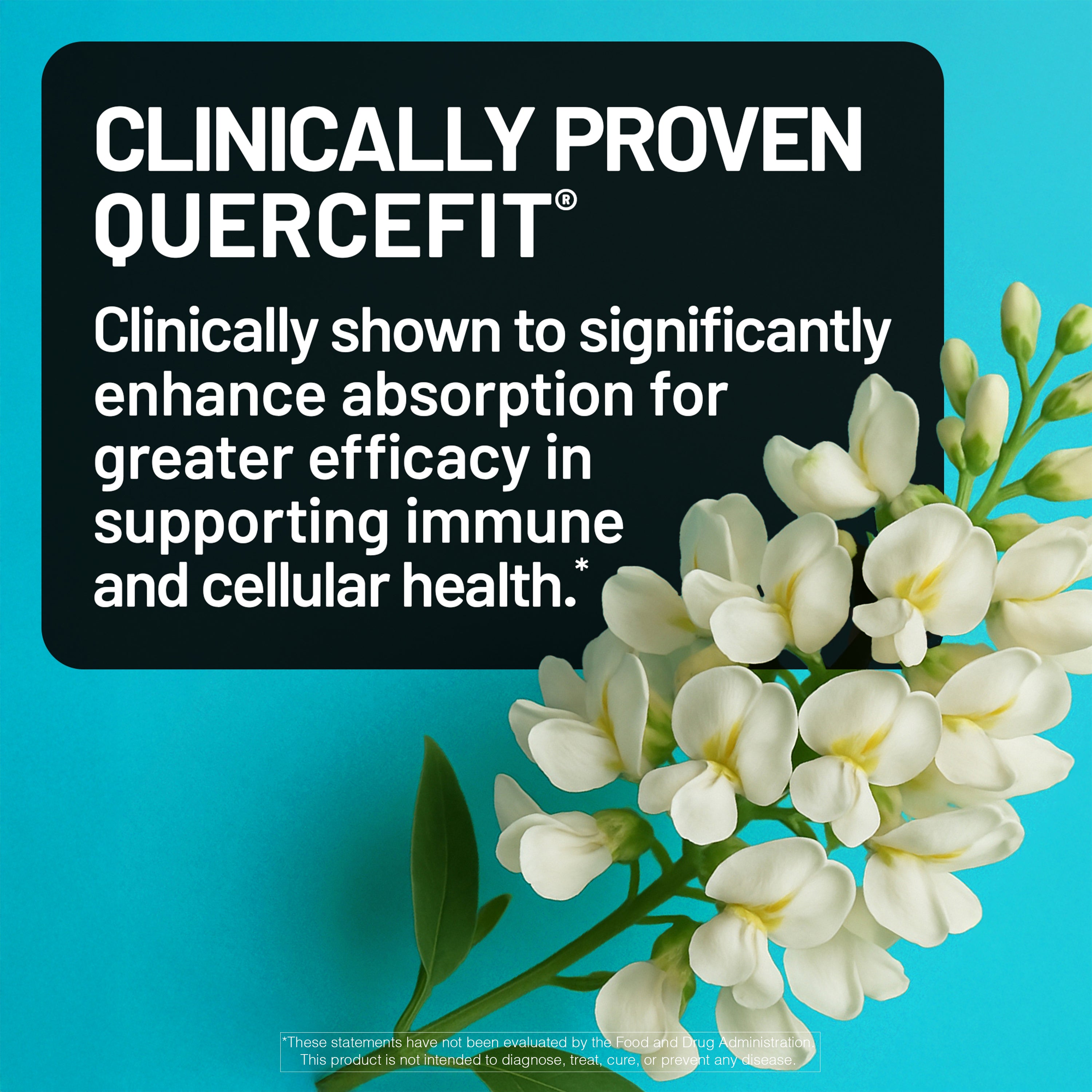 Floral design with text about Clinically Proven Quercetin on a blue background