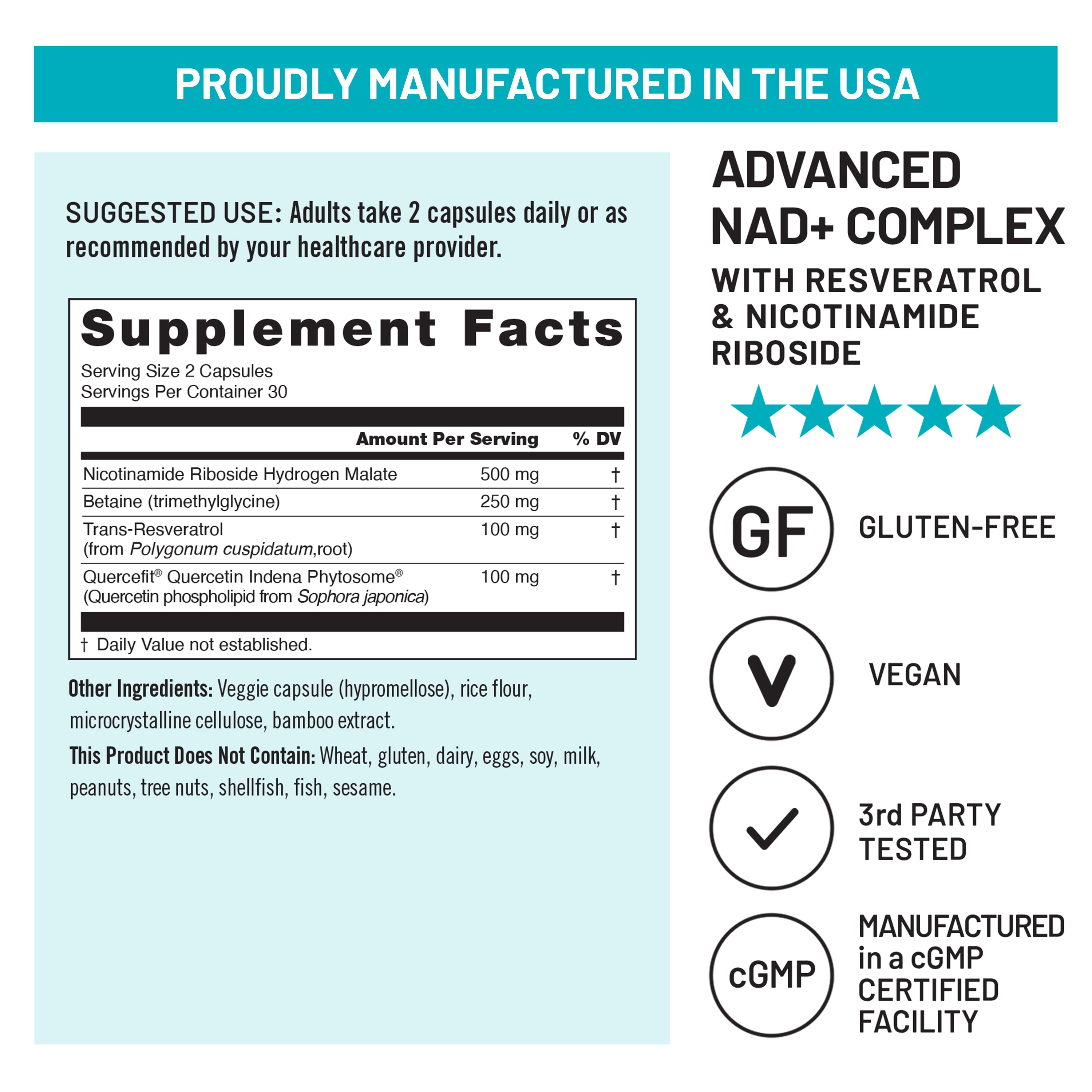 Supplement label with NAD+ complex ingredients and manufacturing details on a light blue background