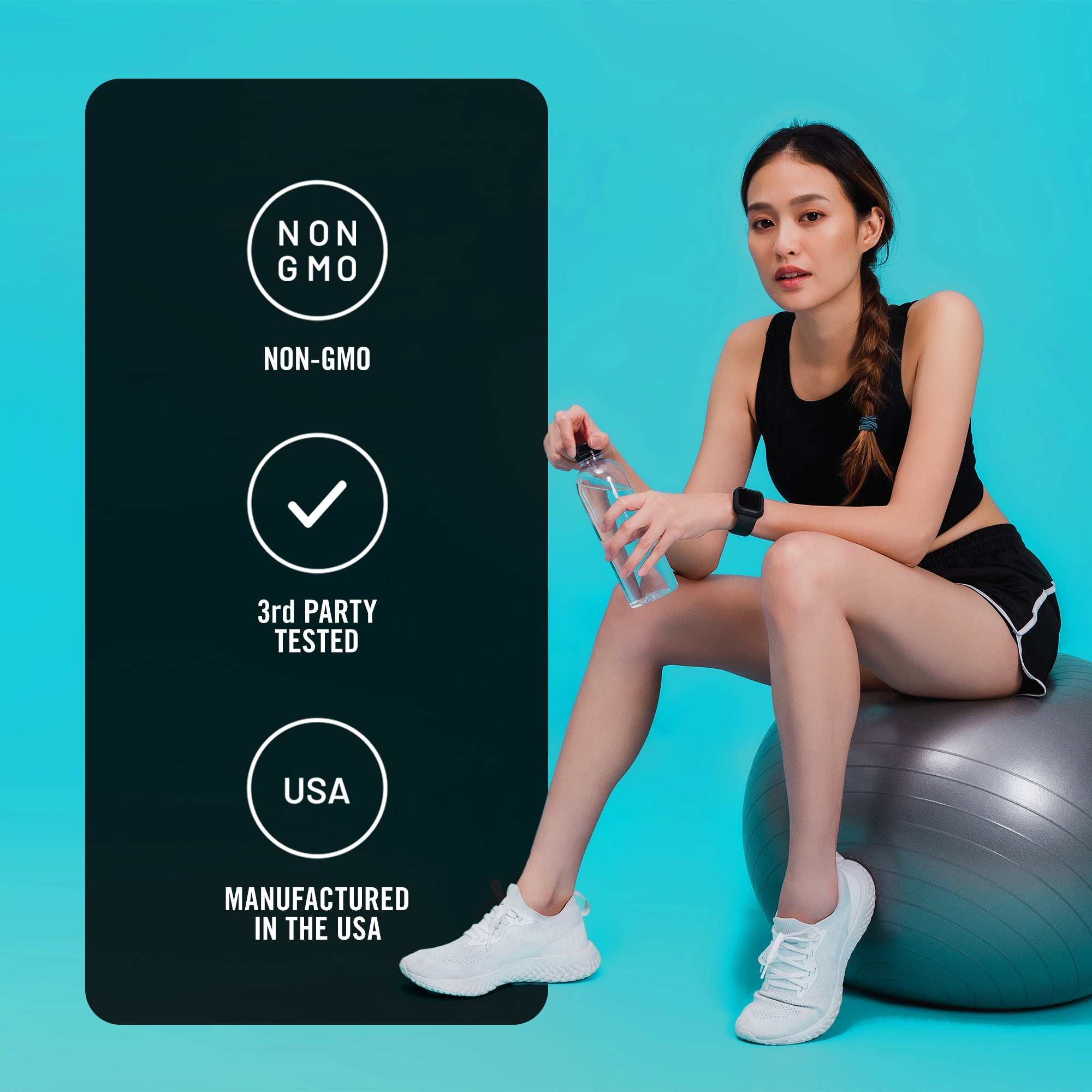 Woman sitting on an exercise ball holding a water bottle with certification icons on a blue background