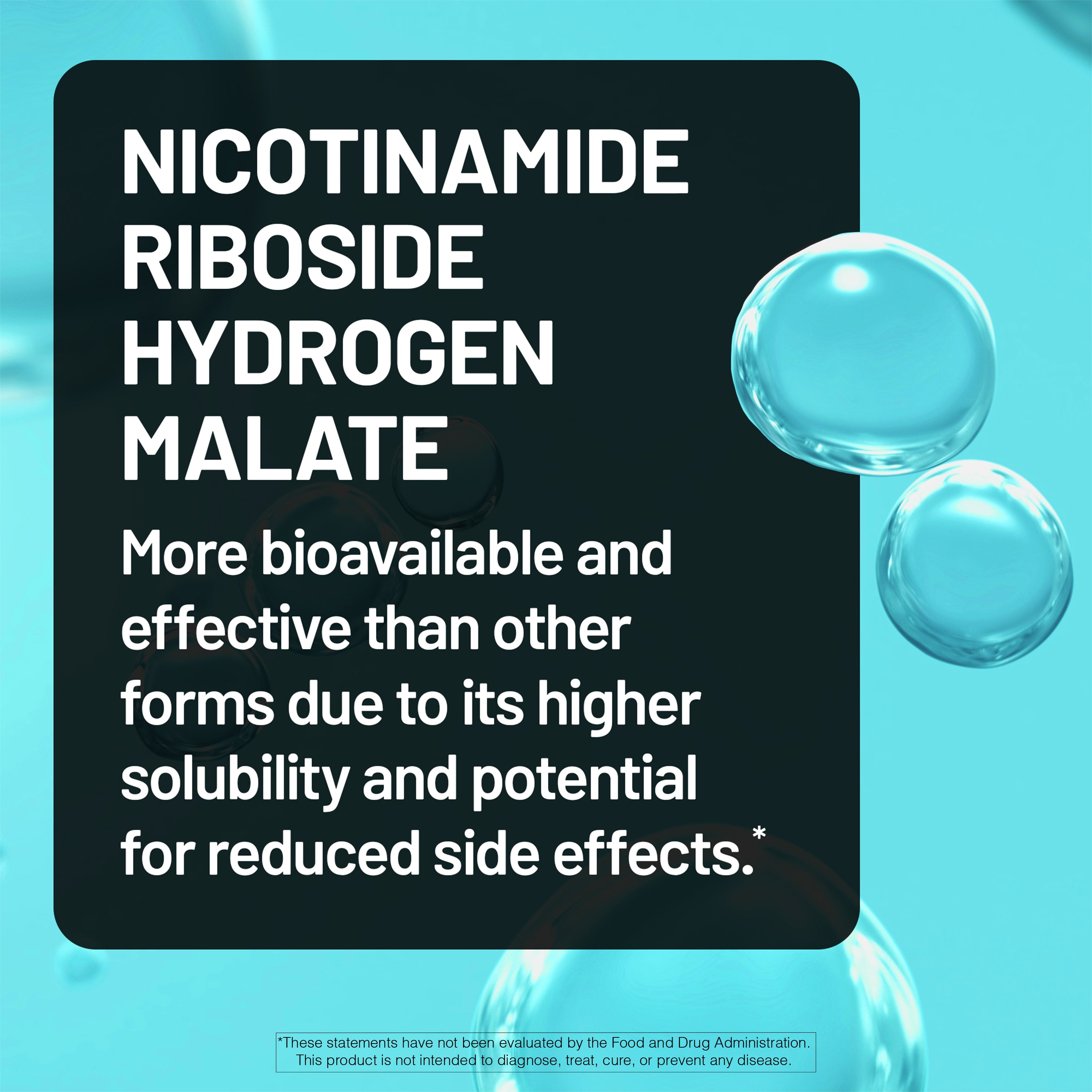Text about nicotinamide riboside hydrogen malate with a blue background and bubbles.