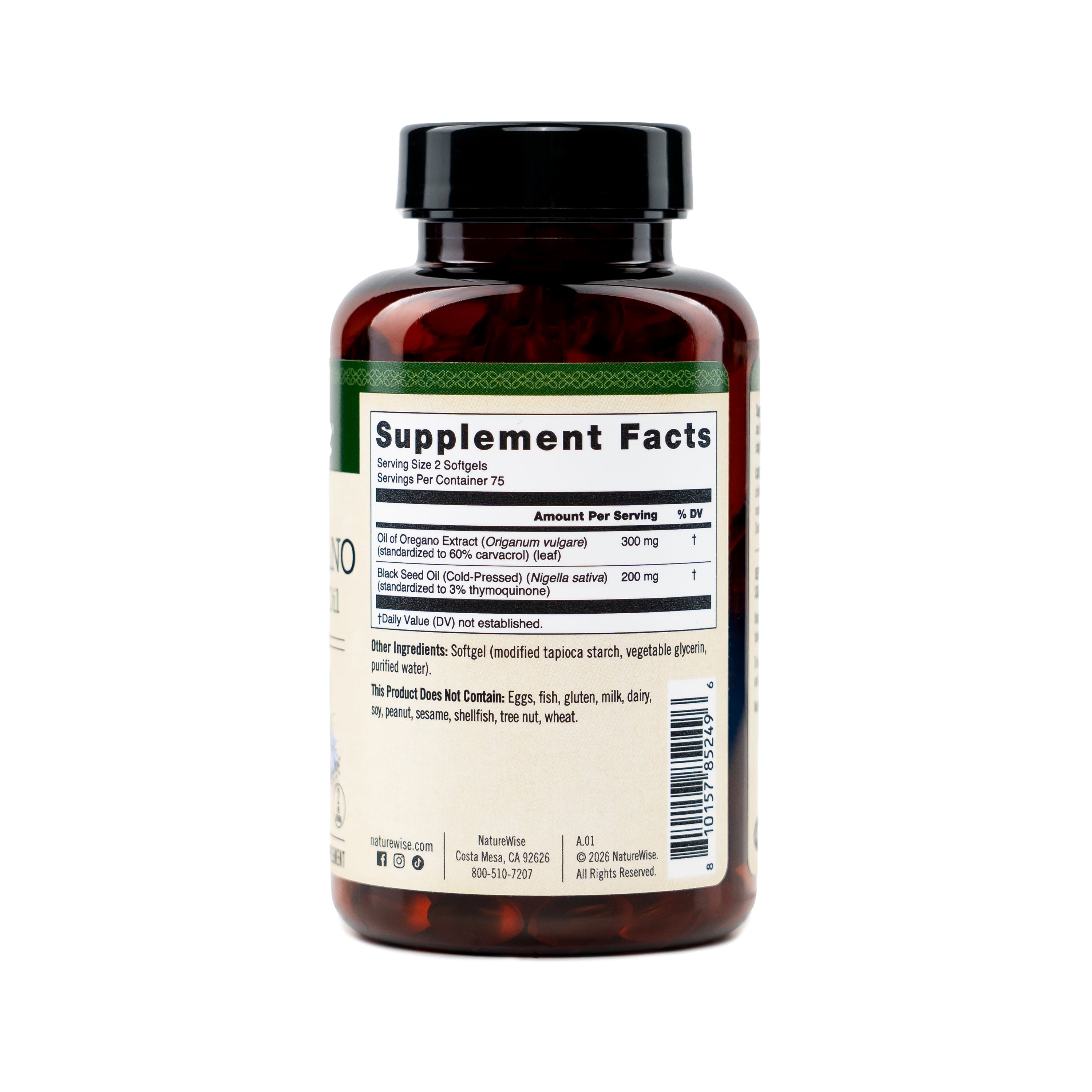 Naturewise Vegan Oil of Oregano with Black Seed Oil supplement bottle with supplement fact label on a white background