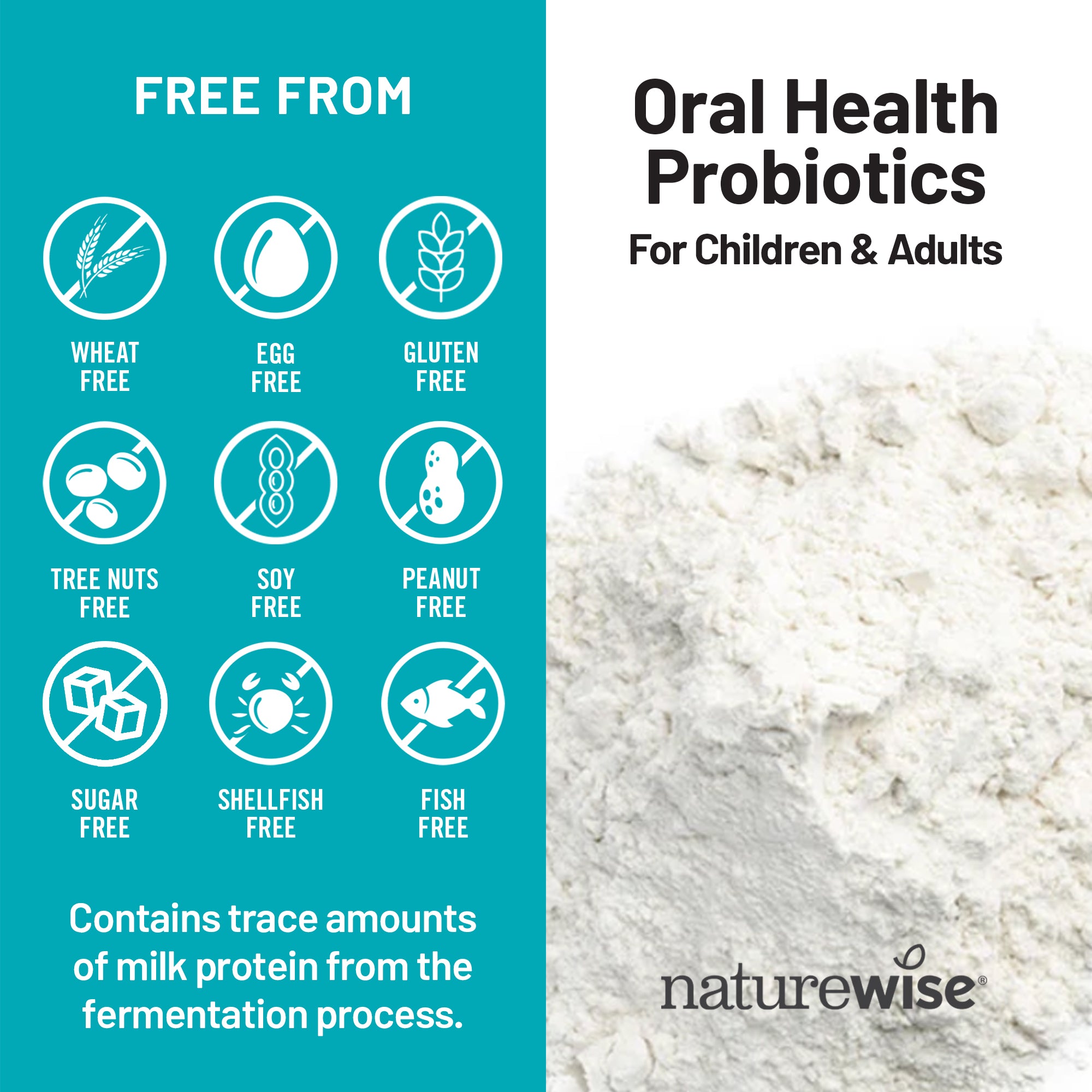 Naturewise oral health probiotics packaging with free-from icons and product texture.