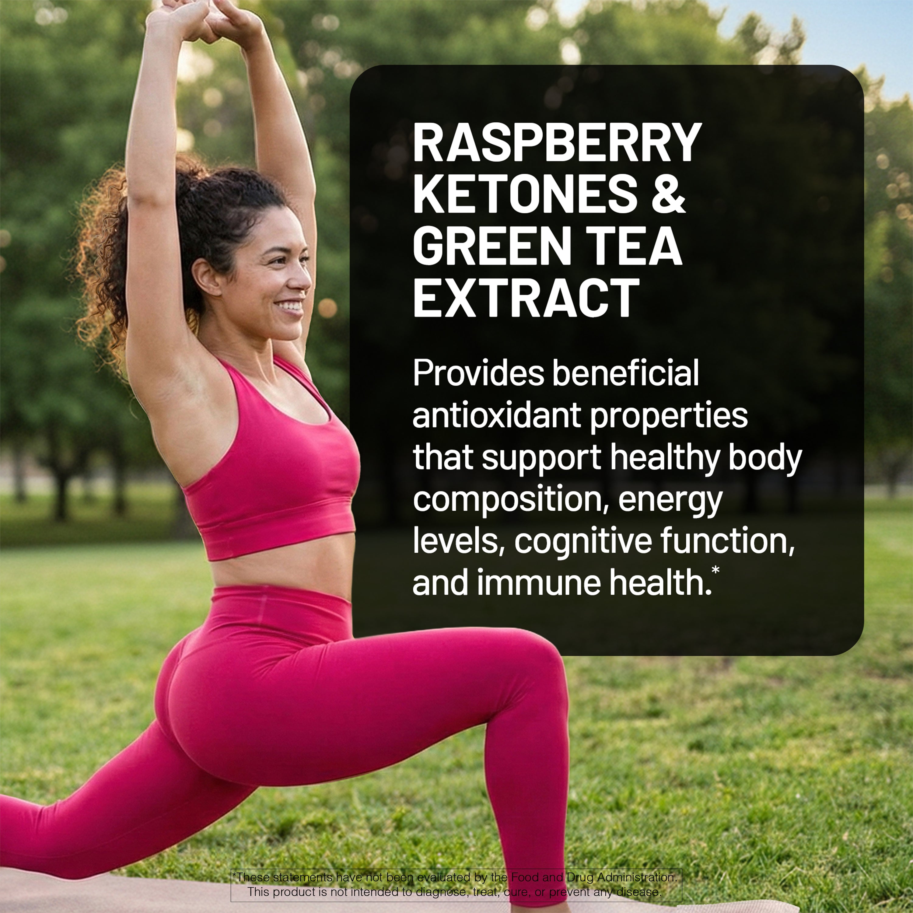 Woman in pink athletic wear stretching outdoors with text about raspberry ketones and green tea extract.