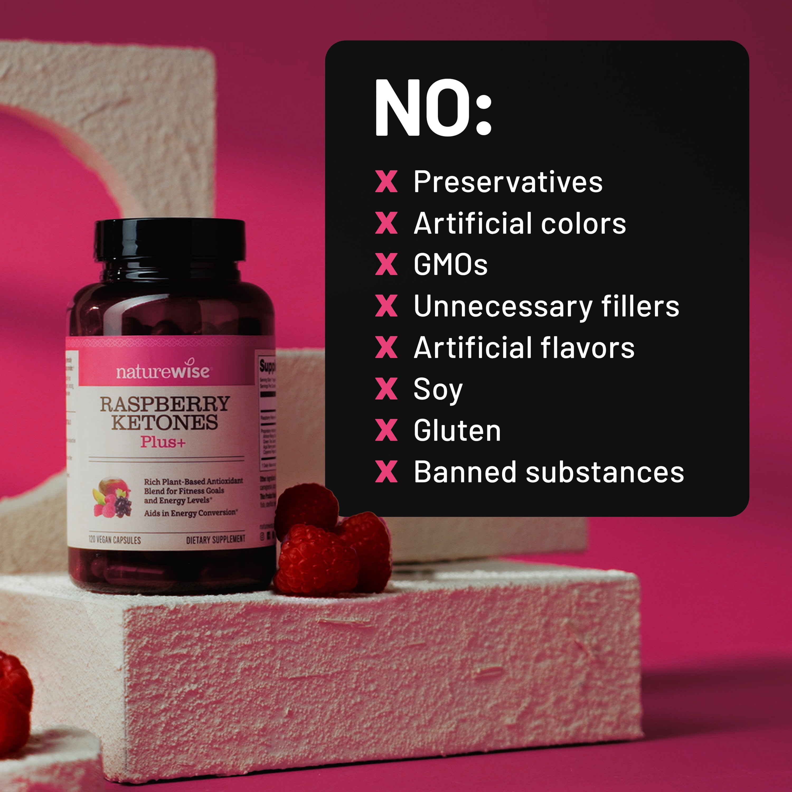 Naturewise Raspberry Ketones Plus supplement bottle with a list of no ingredients on a pink background