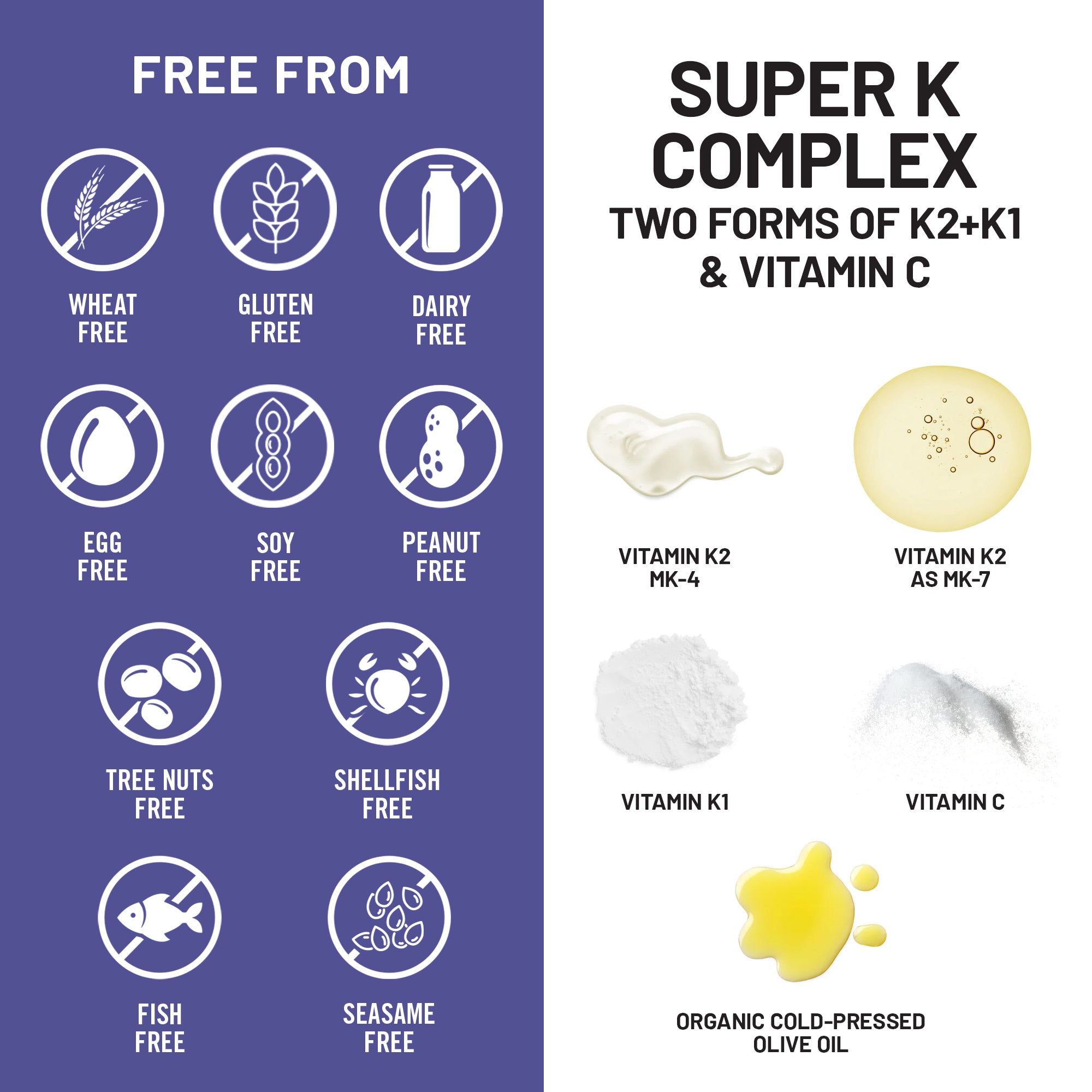 Product label detailing free-from certifications and super K complex ingredients on a blue and white background.