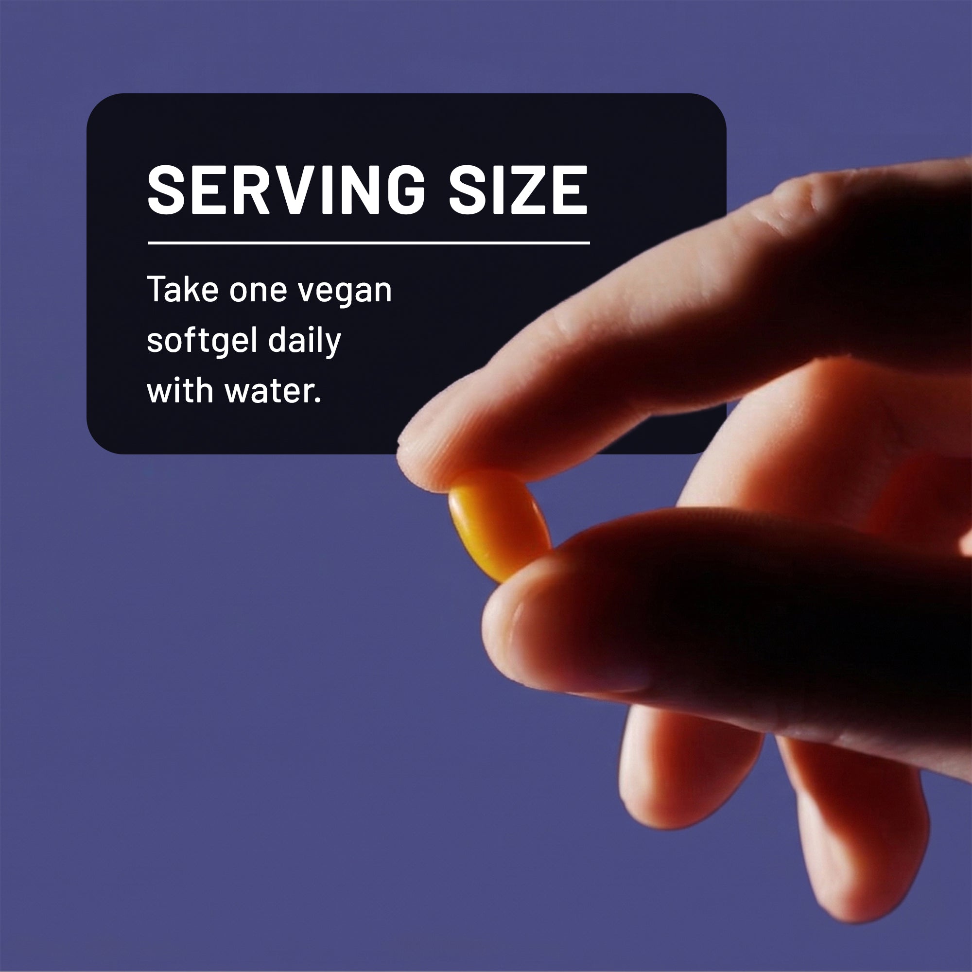 Hand holding a vegan softgel supplement with text on a purple background