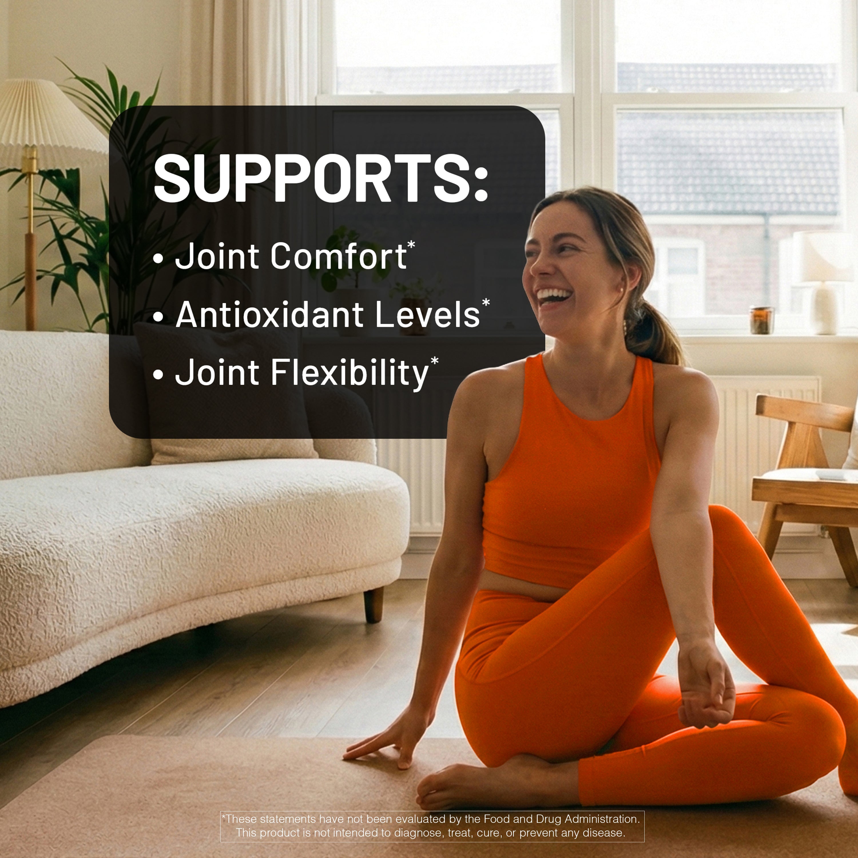 Woman in orange athletic wear sitting on the floor with text about product benefits.