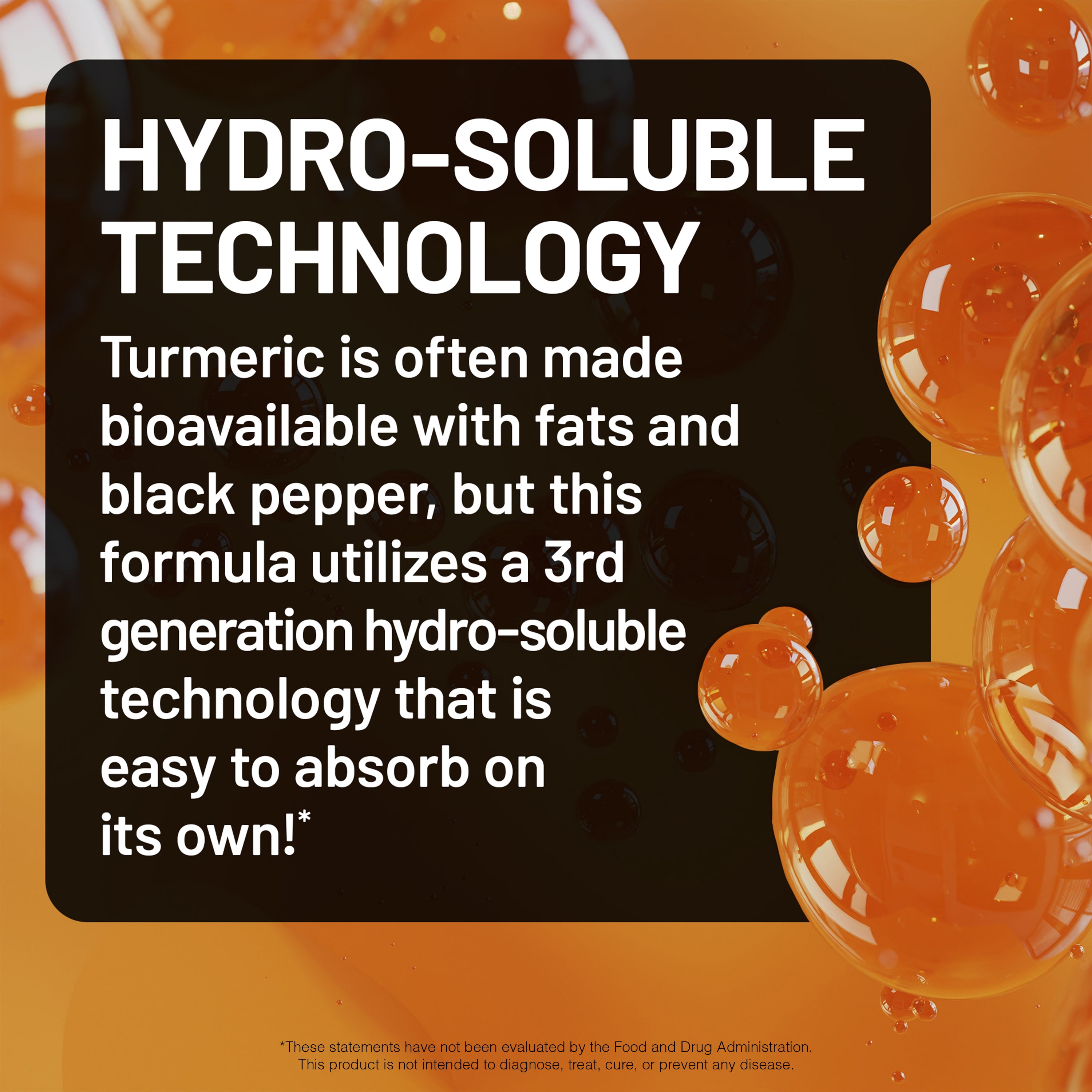 Advertisement for hydro-soluble technology with turmeric and black pepper on a dark background