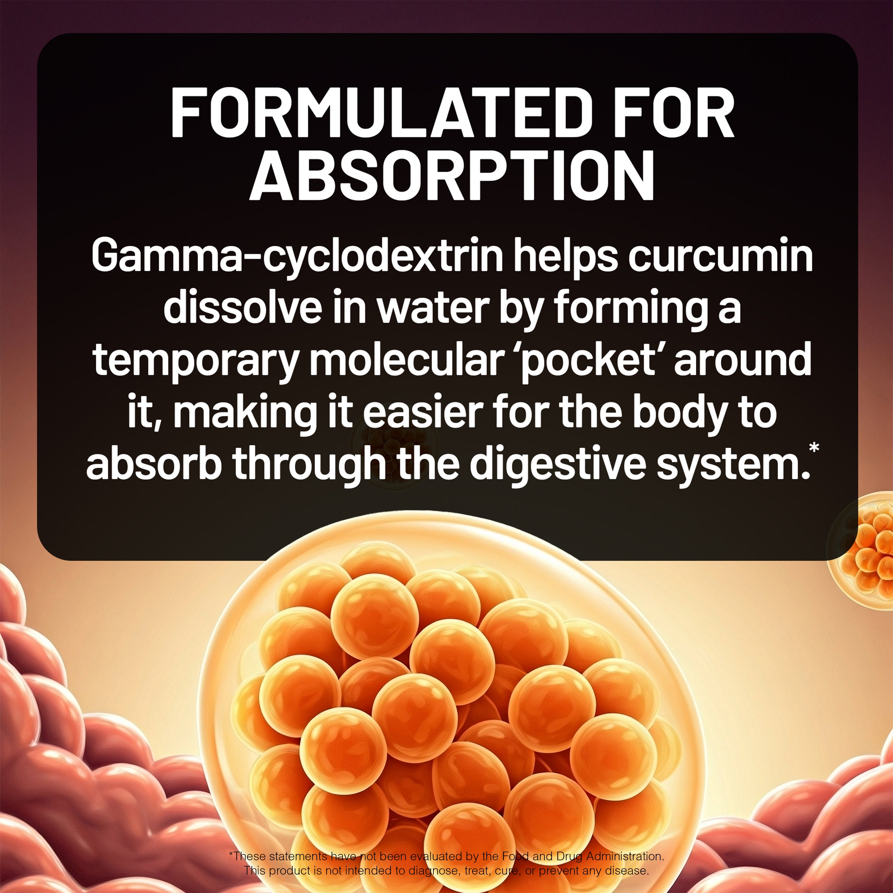 Illustration of gamma-cyclodextrin forming a temporary molecular 'pocket' around curcumin, with text explaining absorption.