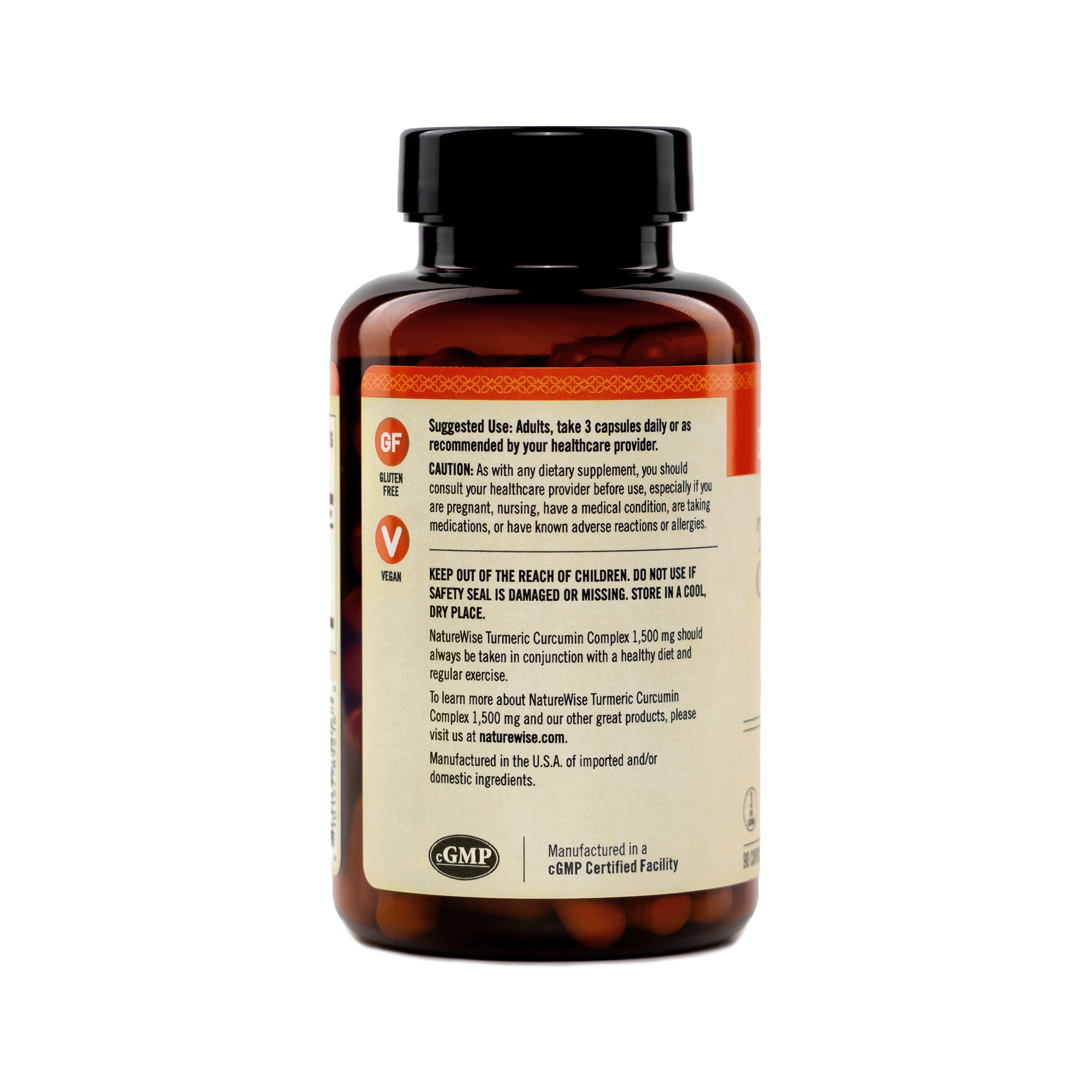 NatureWise Hydro-Soluble Turmeric Curcumin Complex 1,500 mg supplement bottle suggested use